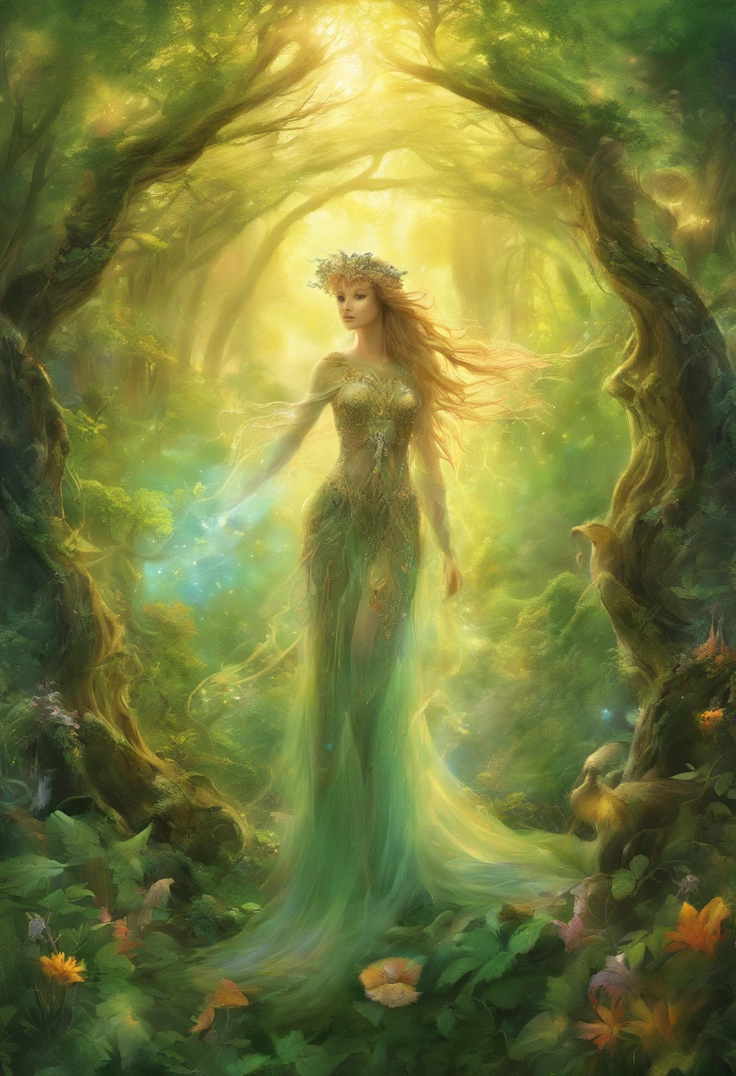 (Masterpiece, Best quality, Ultra-detailed, Best Illustration:1.4), 1 Dryad,(See-through:1.5)a plant ,(refractions,Reflection:1.7) , Transparent skin, sunshine day,ln the forest