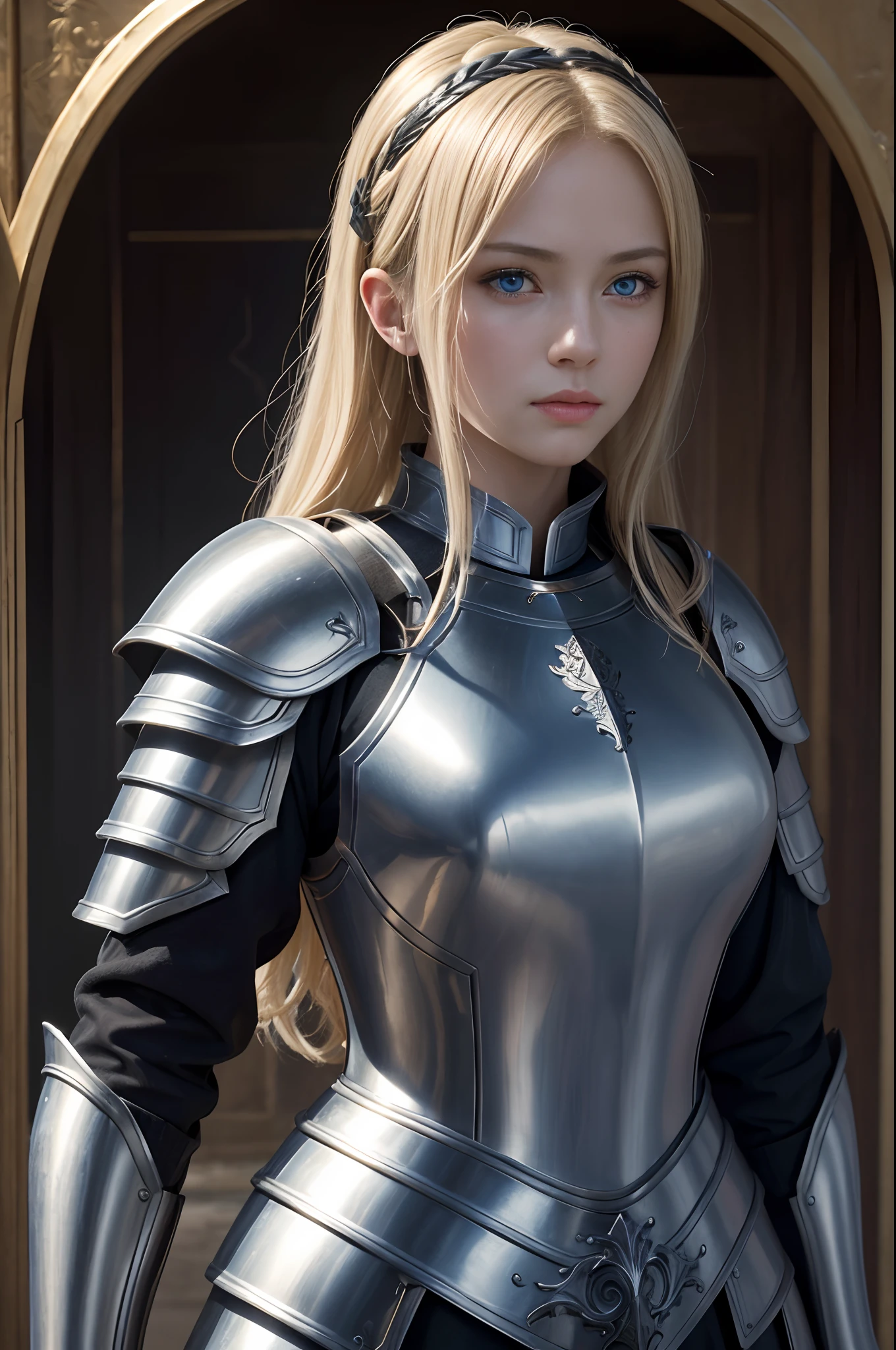 8K,超A high resolution,((Top image quality)), ((​masterpiece)), (high-detail:1.3), Joan of Arc,Blue eyes,Blonde shorthair,Woman in Black Armor、The long-haired。Meticulous in the details of the decoration of the chest armor、Scenes of armor damage during the war