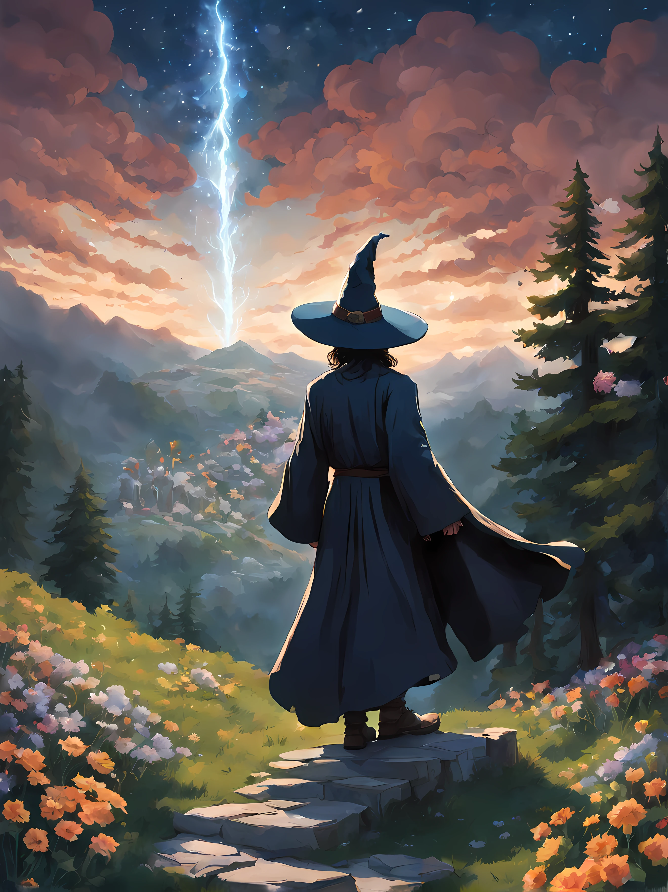 Cute Cartoon, CuteCartoonAF, (back view:1.3) of a powerful (wizard) (wearing a wide hat) standing on a rocky hill, (meteors falling from the sky), ((tall trees)), city, (mysterious clouds), ((flowers))
