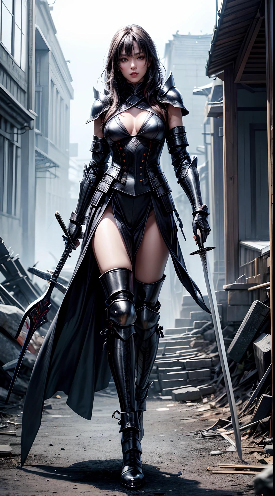 Pretty women, 40yr old,Solo,Japanese,Black Armor,high heels boots,Full body portrait,Female Warrior,Slender body,holding swords,robe,Manteau,Perfect face and nice perfect face, Surreal concept, 8K resolution, photographic quality, Walk through the ruins, Photorealistic,A detailed eye,Diagonal angle,