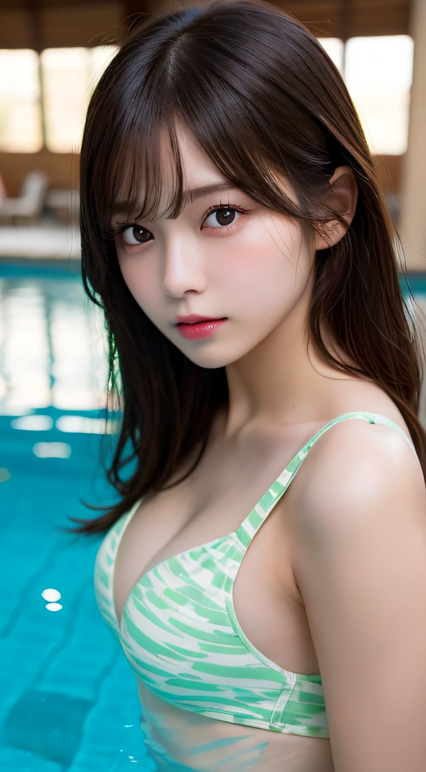 Slender Asian girl, kpop idol, ((In the pool)), ((top quality, 8k, masterpiece: 1.3)), crisp focus: 1.2, beautiful woman with perfect figure: 1.4, highly detailed face and skin texture, detailed eyes, ((skinny)), beautiful face, symmetrical face, full-length, sexy, almost naked, with wet hair