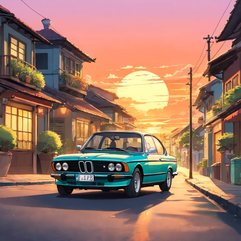 ((design de adesivos)), Classic BMW Car, Sunset background, Palmeiras, 5 cores de camadas, rua da esquina, Tambor Beleq, Presean, carro na cor preta