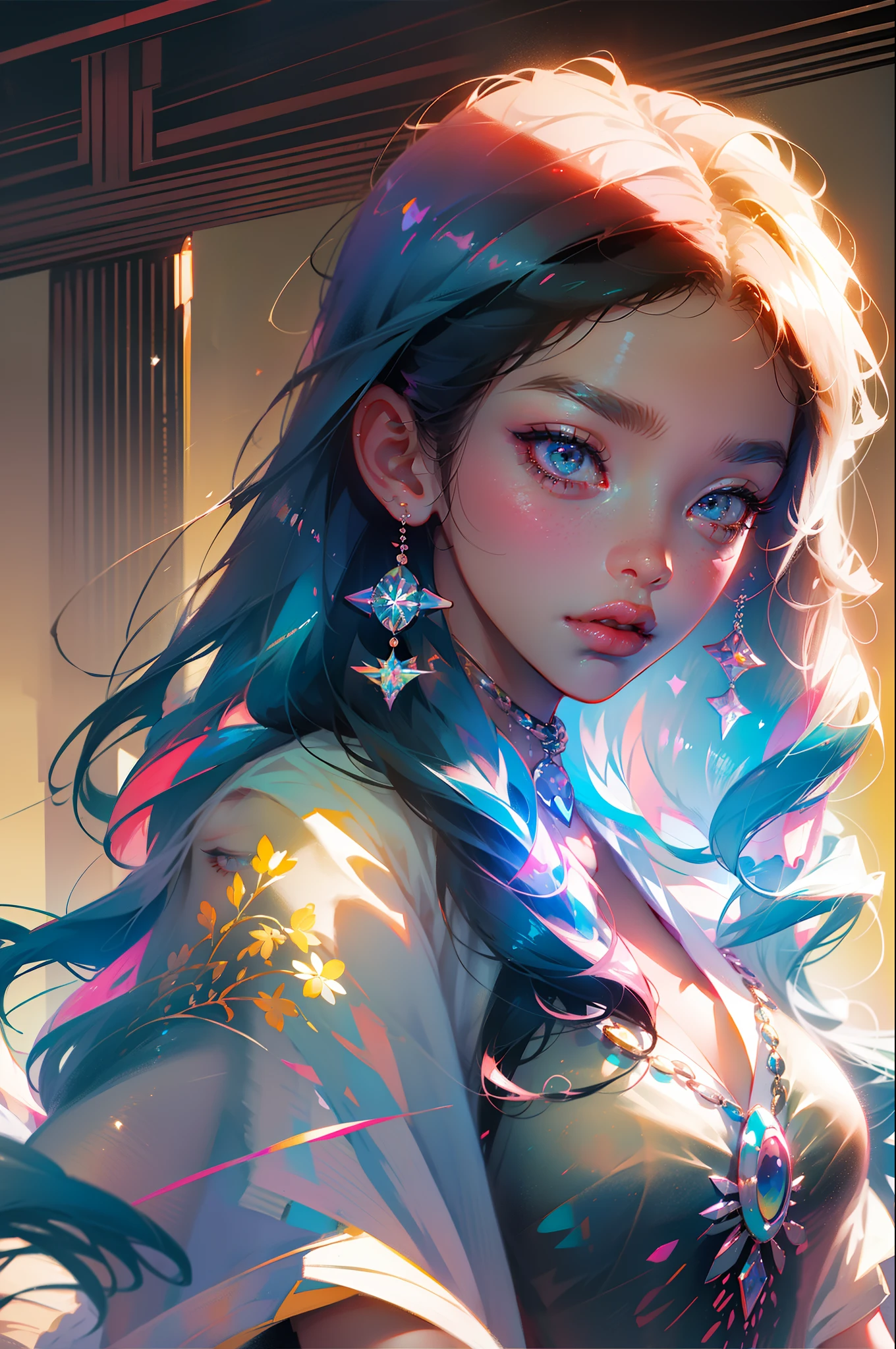 multicolored eyes, multicolored hair, glowing eyes, bright pupils, facial mark,(((masterpiece))), (((best quality))), ((ultra-detailed)), (illustration), ((concept art)), (detailed light),((an extremely delicate and beautiful)), (beautiful detailed eyes), (((1male))), (((face focus, closeup shot))), ((shinning glitters)), (((glitter for pupils))), ((looking to the side)), (excited), (((hands on face))), ((short neon braids, thick curly hair)), ((enamored)), ((in delusion)), blur blue background, scenery, Dark Fantasy,((detailed hairs)),
