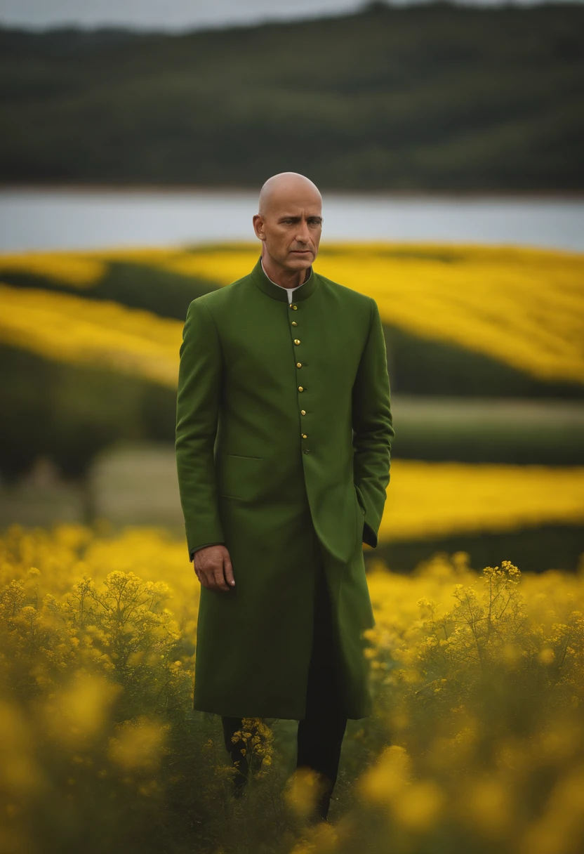 arafed man in a green jacket standing in a field of yellow flowers, photo still, color photograph portrait 4k, portrait shot, paul barson, colour portrait photograph, high quality portrait, color portrait, portrait shot 8 k, gary montalbano, portrait of monk, by John La Gatta, photo portrait, portrait of bald, portrait image, samadhi