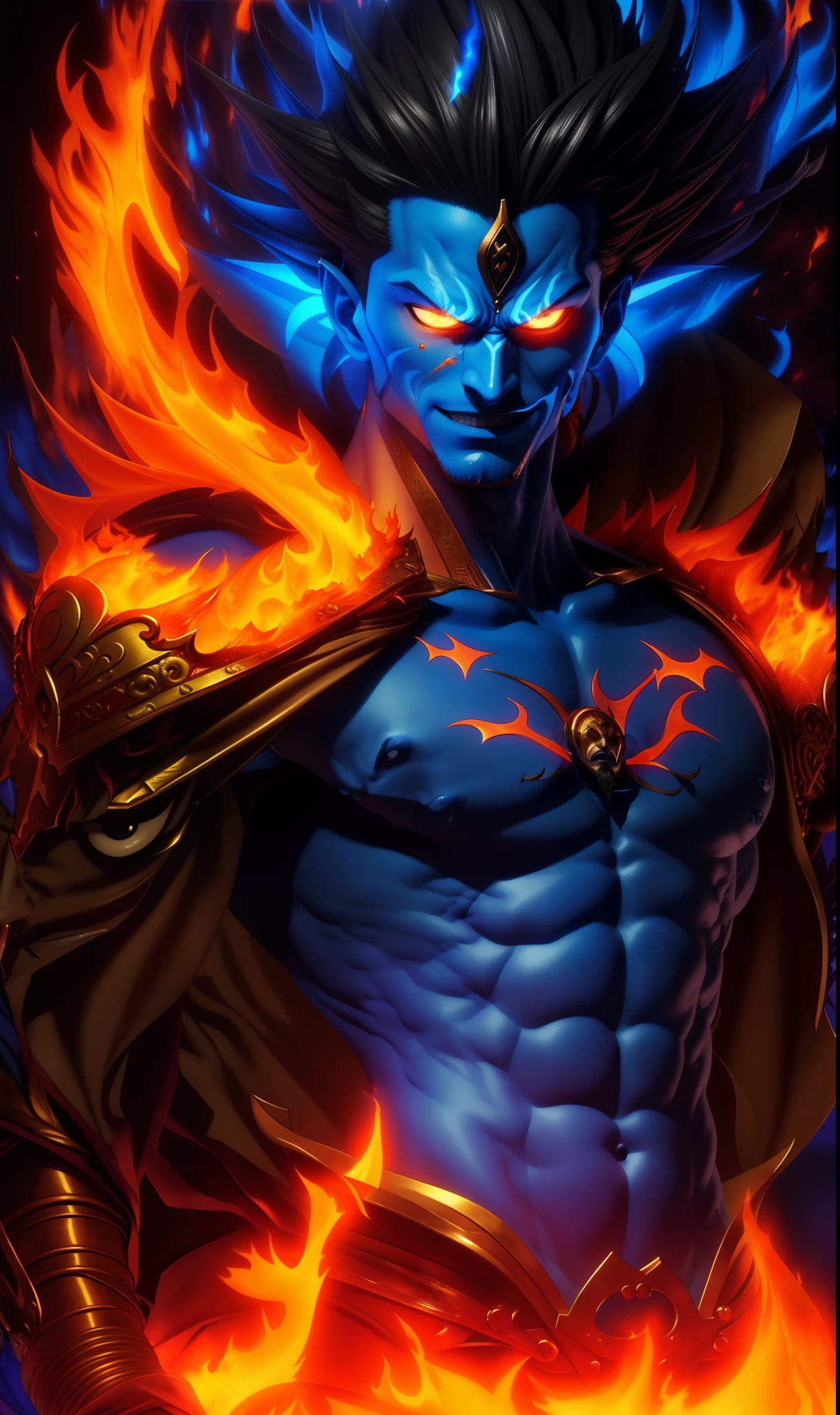 a close up of a man with a fire face and a sword, male djinn man demon hybrid, djinn man male demon, demon male, human male demon, blue djinn, extremely detailed artgerm, artgerm detailed, djinn human hybrid, ne zha from smite, man male demon, fire demon, portrait of hades, full art