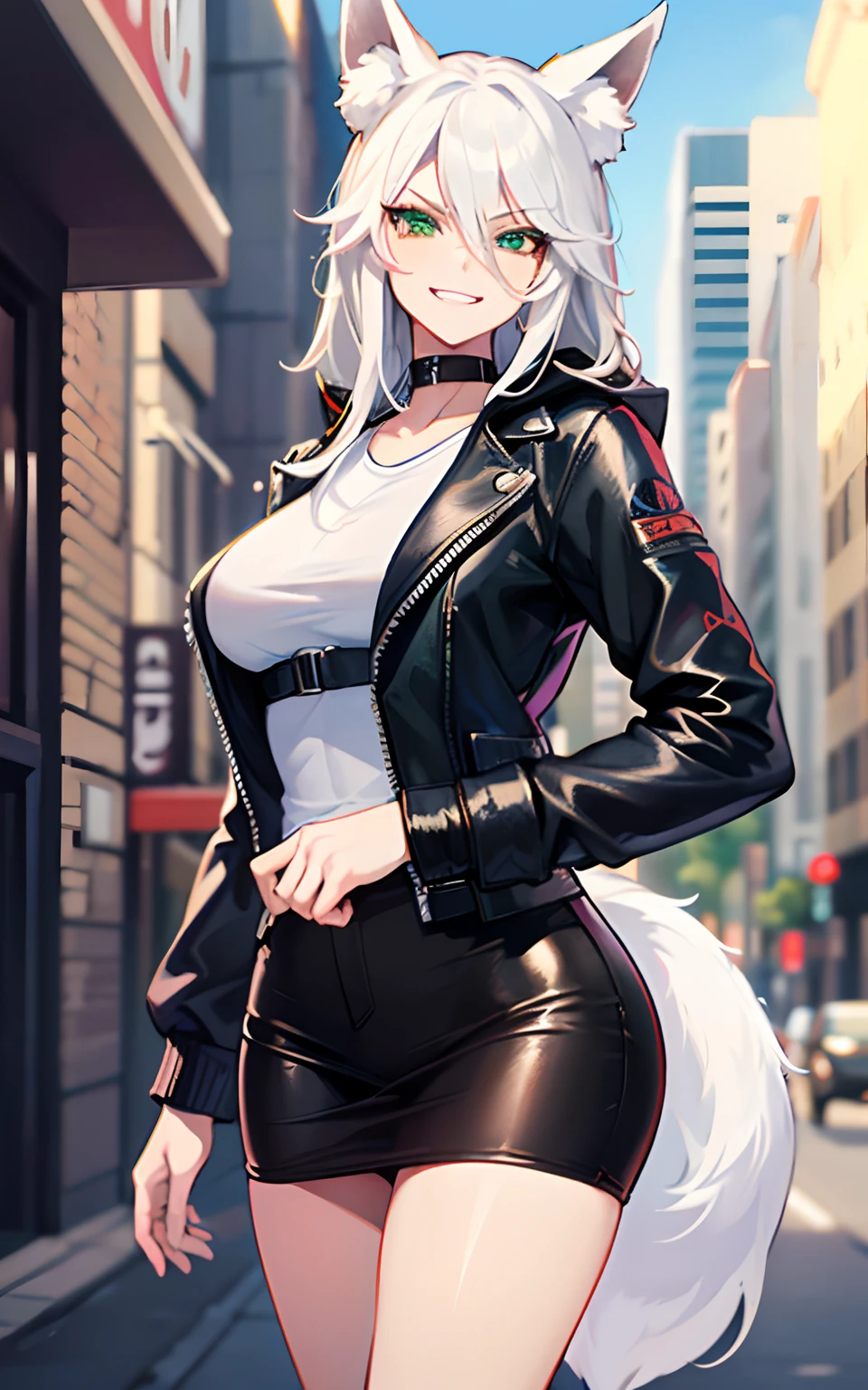 (Masterpiece: 1.5), (Best Quality: 1.5), Perfect Eyes, Perfect Face, Volumetric Lighting, 1 Woman, Mature Woman, (Whiteness: 5), fox ears, fox tail, white hair, green eyes, tall woman, medium breasts, streetwear, mean grin, muscular, sexy, leather jacket, pushing viewer,