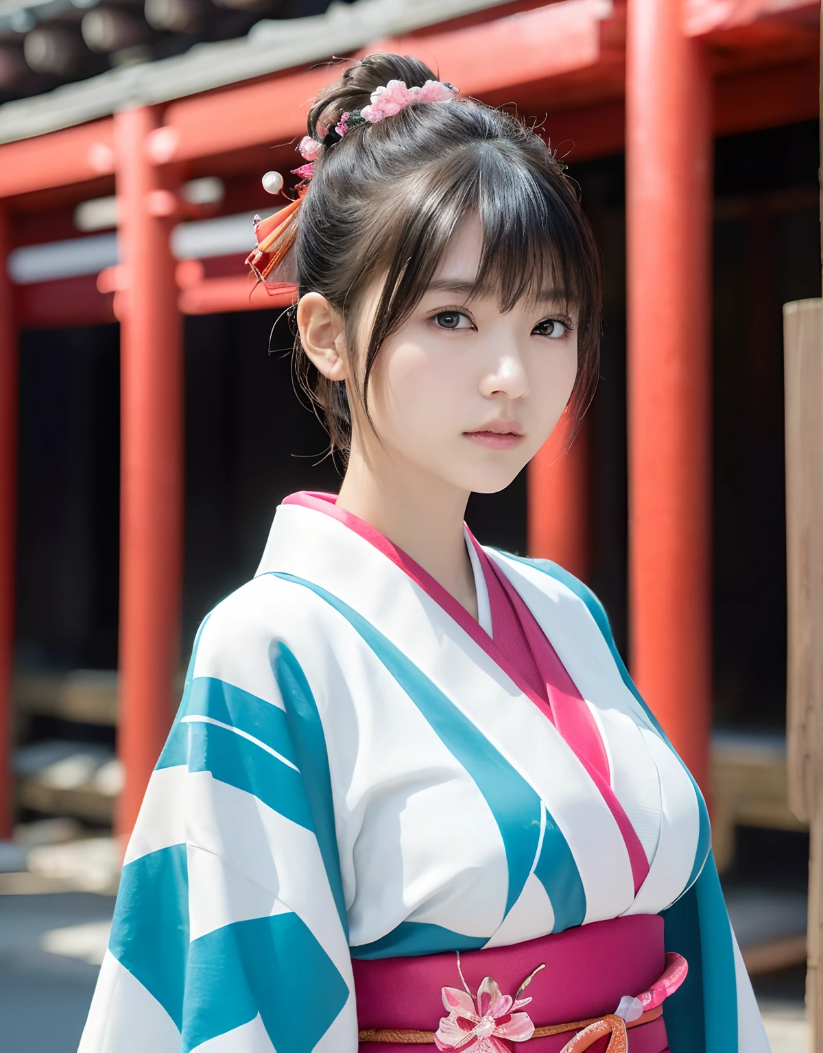 (masterpiece、High resolution、high quality)、Very beautiful Japanese women、15 years old、A ghostly, fragile woman、Wearing a shrine maiden&#39;s costume kimono(White kimono、Red Hakama)、All-white kimono、Beautiful long flowing black hair、Pale skin、Diseased skin、Great beauty、Big Breasts、Very thin body、Curved waist、Are standing、Gaze Here、A resentful look、Full body portrait、Old Japanese house、Dark Night、Late Night、Pitch-dark room、Weird talk、Dark atmosphere、Horror movie atmosphere、Only a woman emerges in a pitch black room、Photographed from the front、Very beautiful face