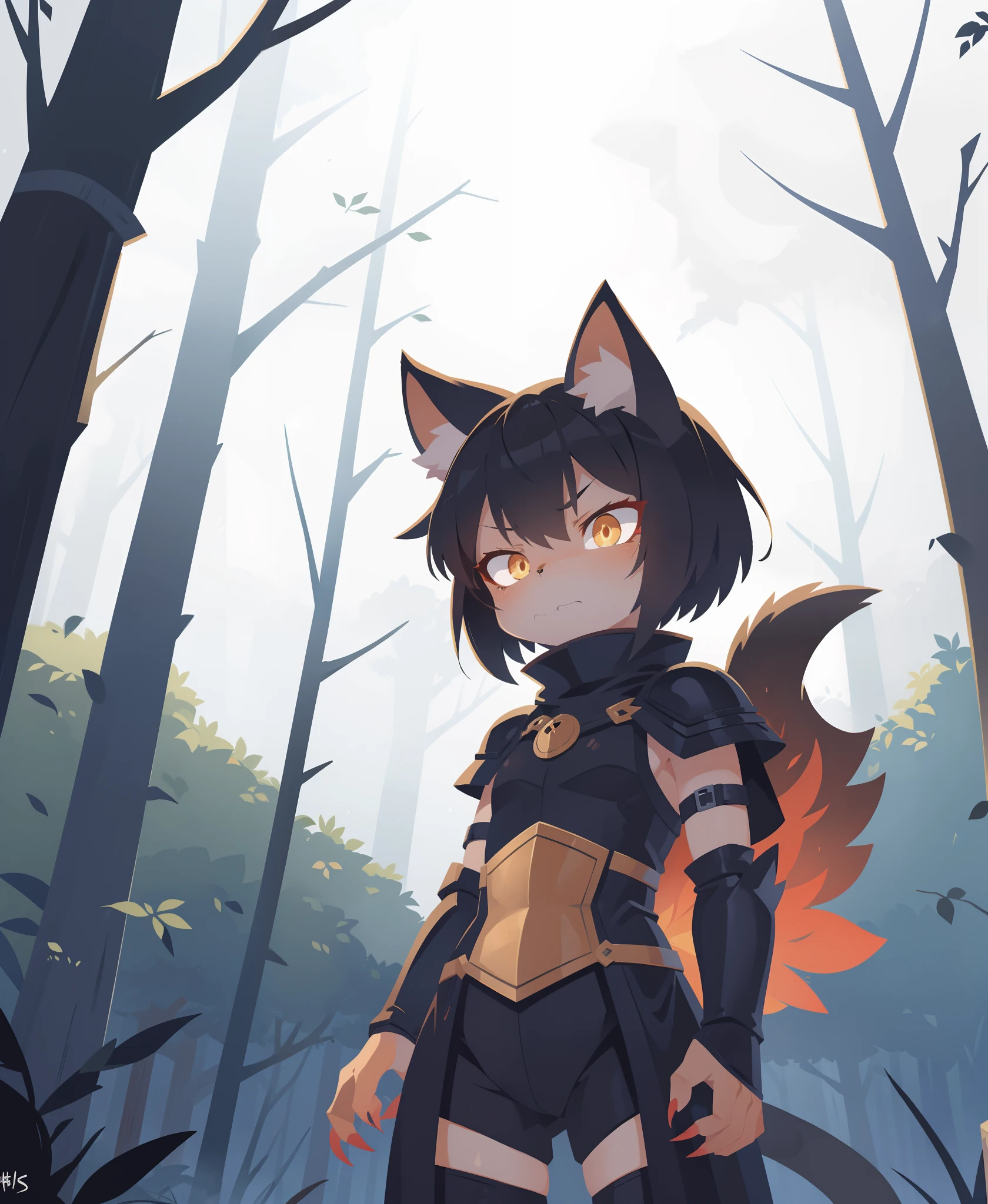 anime style, human, 1girl, cat girl, (black hair), (golden eyes), cat ears, cat tail, dark forest setting, detailed background, (grimdark atmosphere), knight armor, (sinister looking), (sharp claws), (intense expression), masterpiece, (by ryohei hase), (by hews hack), (by tinkle), anime absurdres illustration, drawing, (lineart:0.6), (superflat, flat shading, flat colors:1.1), (vibrant colors:1.1)