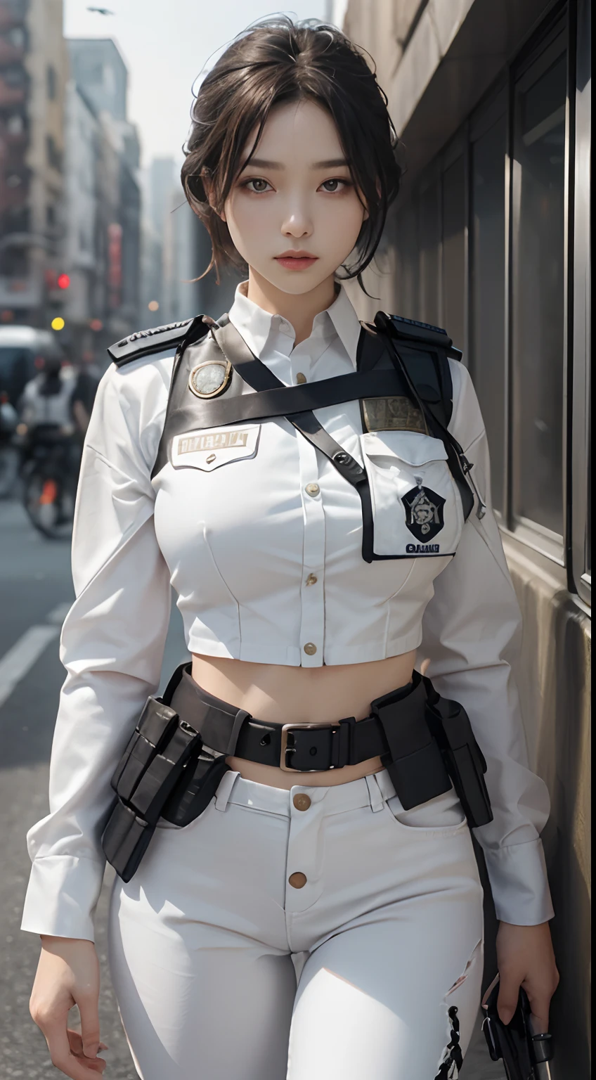 ((Best Quality, 8K, Masterpiece: 1.3)), Sharp: 1.2, Perfect Body Beauty: 1.4, Slim Abs: 1.2, ((Layered Hairstyle, Big Breasts: 1.2)), (Wet White Button Long Shirt: 1.1), (Bulletproof Police Car, Street: 1.2), Wet: 1.5, Highly Detailed Face and Skin Texture, Detailed Eyes, Double Eyelids, Side Face Looking at the Camera, White Police Uniform, Tall Figure, Army Badge, Bulletproof Vest, Intercom, Pistol Aimed at the Camera Female soldiers, Fully armed, black leather pants, special forces, agents