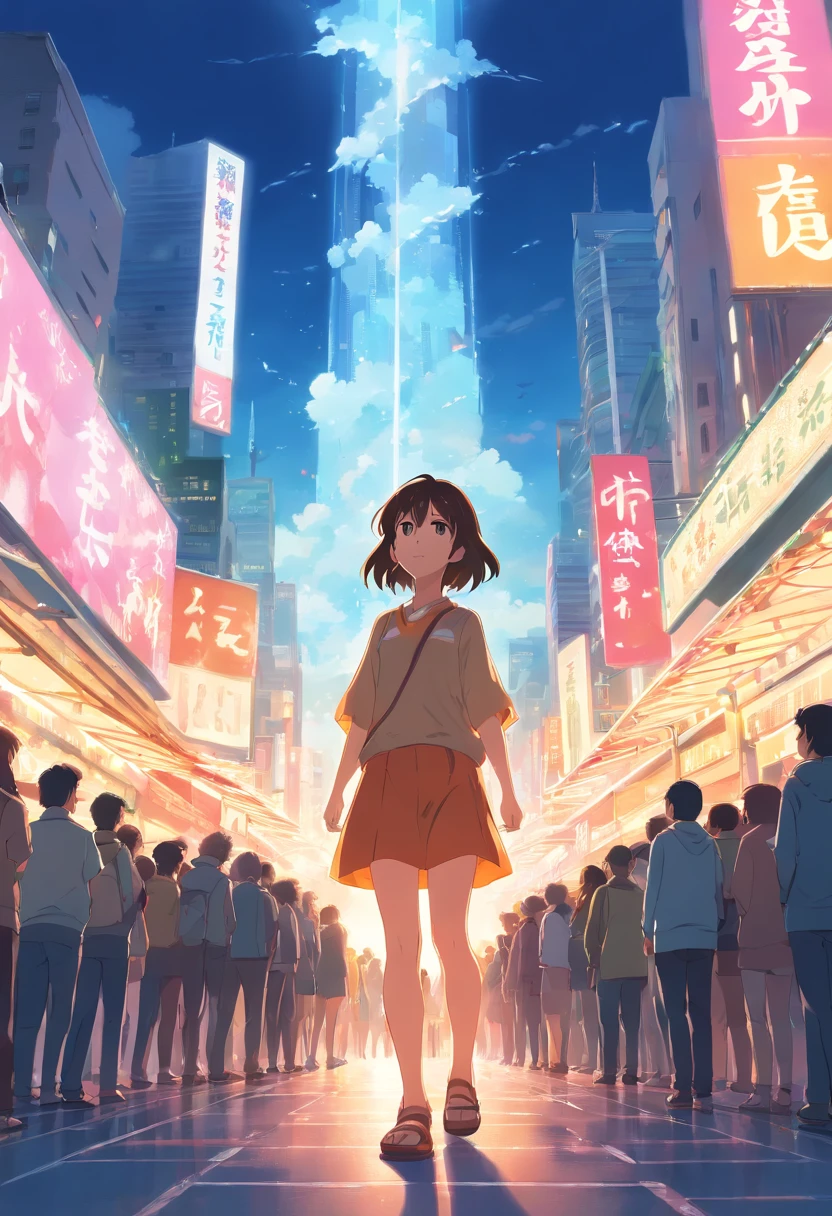 A two-dimensional figure standing in the center of the crowd glowing and looking back