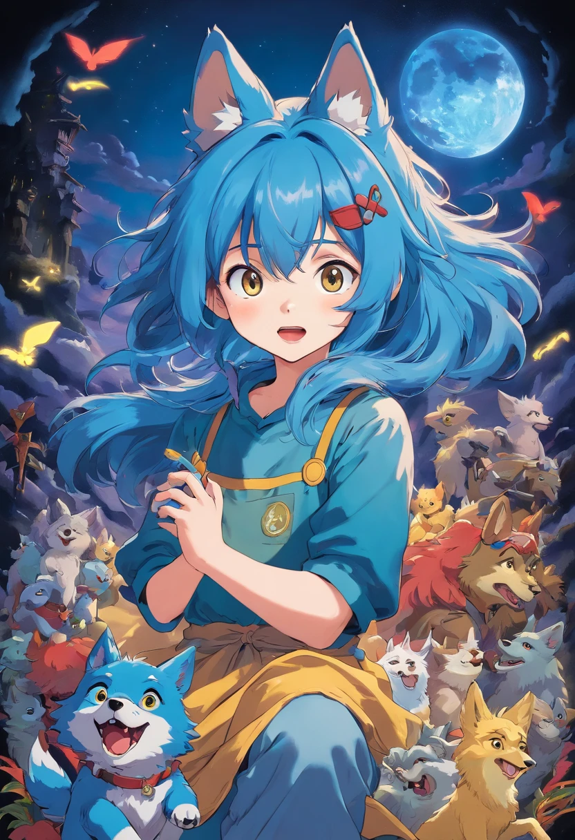 wolf,Dark background,Blue hair,Crazy gamers
