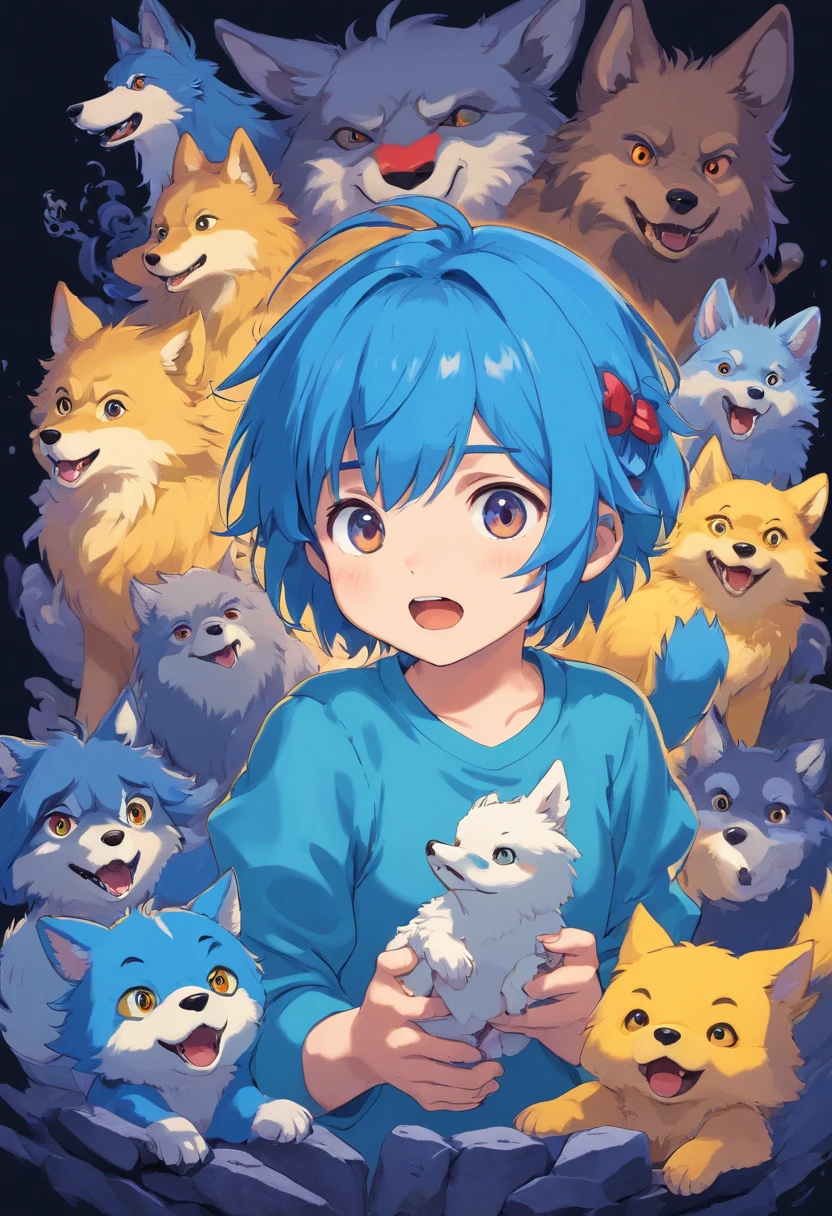 Baby wolf,Dark background,Blue hair,Crazy gamers