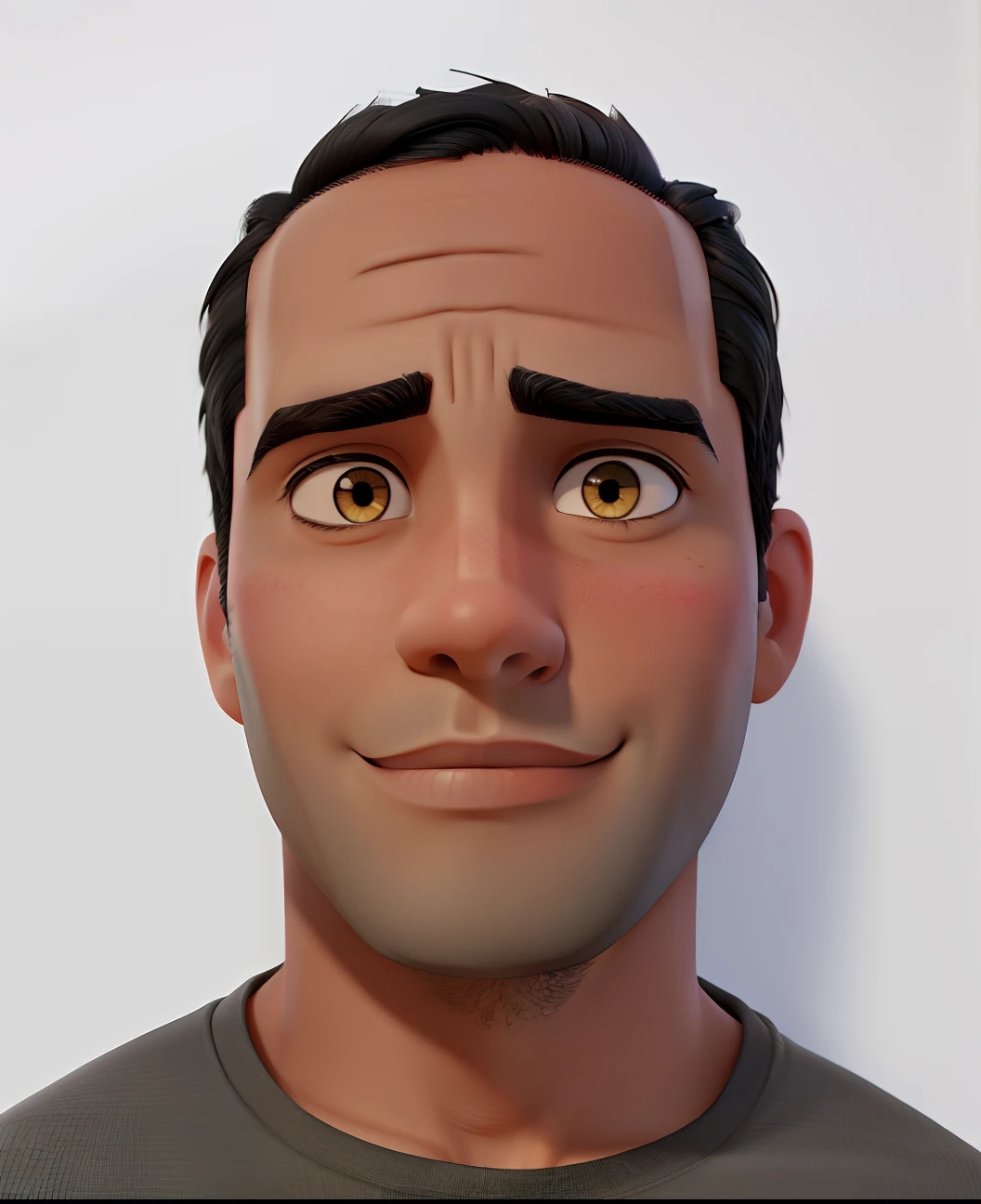 a man, black hair, thick eyebrows and big eyes.