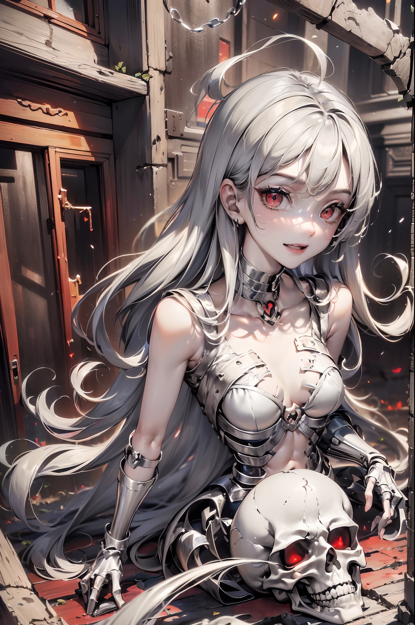 (Best quality), (Masterpiece), (Extremely detailed beauty: 1.2),
1 girl, Solo,(Silver Box: 1.15), (Silver skull: 1.4), (Silver skeleton: 1.2), (Silver: 1.4), (Silver spine: 1.3), (Open ribs: 1.4
Delicate and beautiful face, Cute face, (Black long hair), (Red eyes: 1.2), (Smile), (White high boots)
(Dark Hell: 1.2), (Dark exterior and interior ruins background), (There are many Silver skeletons on the ground: 1.25),cursed left arm,hand101,1girll