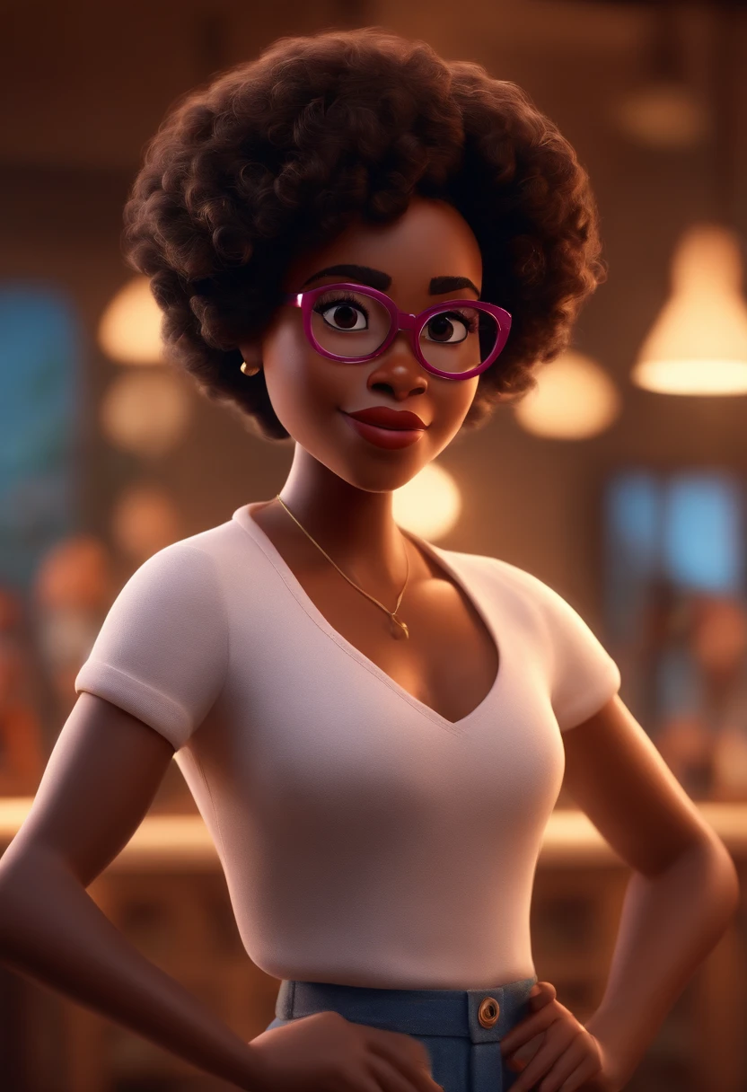 Pixar style image with 3D character white glasses black woman short curly hair dancing, Maquiagem Disney,Pescador, bonitinho, sorridente ,Close-up, Pixar, Disney, Cinema lighting,