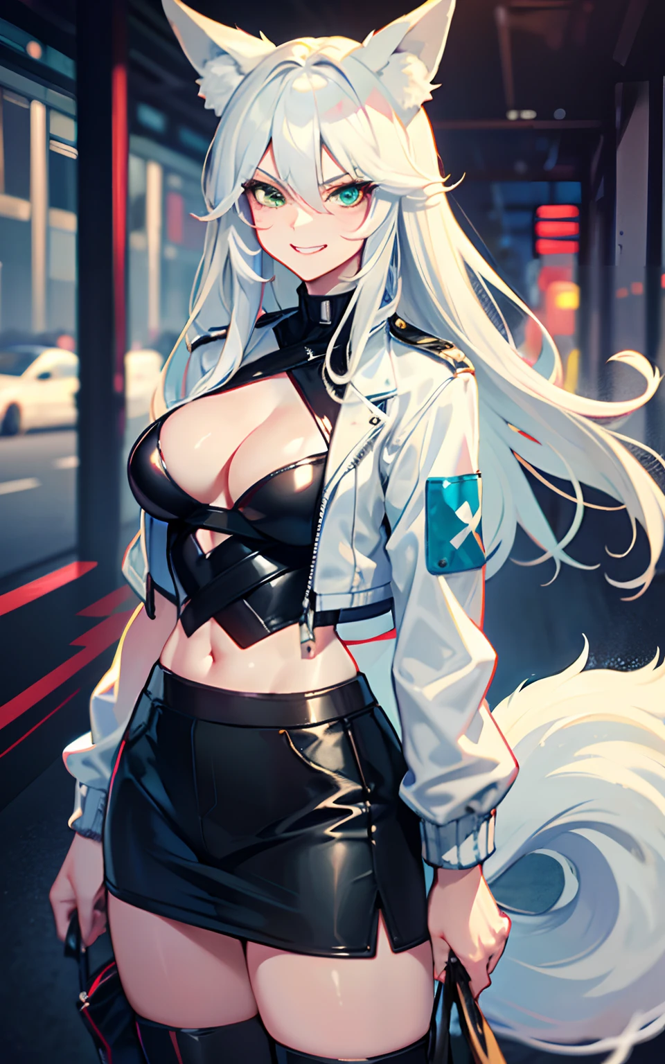 (Masterpiece: 1.5), (Best Quality: 1.5), Perfect Eyes, Perfect Face, Volumetric Lighting, 1 Woman, Mature Woman, (Whiteness: 5), fox ears, fox tail, white hair, green eyes, tall woman, medium breasts, streetwear, mean grin, muscular, sexy, leather jacket, pushing viewer,