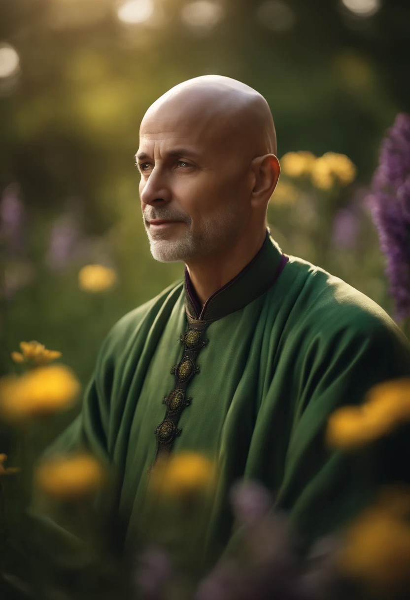 Create a painting depicting a bald, wise, and enlightened man who appears hyper-realistic, as if he were real. This man has a contemplative face, with bright eyes and deep knowledge. His gentle smile radiates warmth and confidence. The sunlight shines down, creating an ethereal and dreamy atmosphere around this man. In the background of the painting, there are lush green fields, with purple and yellow flowers blooming abundantly, symbolizing freshness and growth. Utilize your creative abilities to bring forth a vivid and inspiring painting!