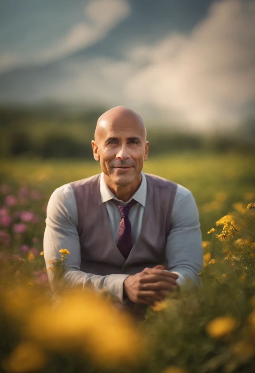 Create a painting depicting a bald, wise, and enlightened man who appears hyper-realistic, as if he were real. This man has a contemplative face, with bright eyes and deep knowledge. His gentle smile radiates warmth and confidence. The sunlight shines down, creating an ethereal and dreamy atmosphere around this man. In the background of the painting, there are lush green fields, with purple and yellow flowers blooming abundantly, symbolizing freshness and growth. Utilize your creative abilities to bring forth a vivid and inspiring painting!