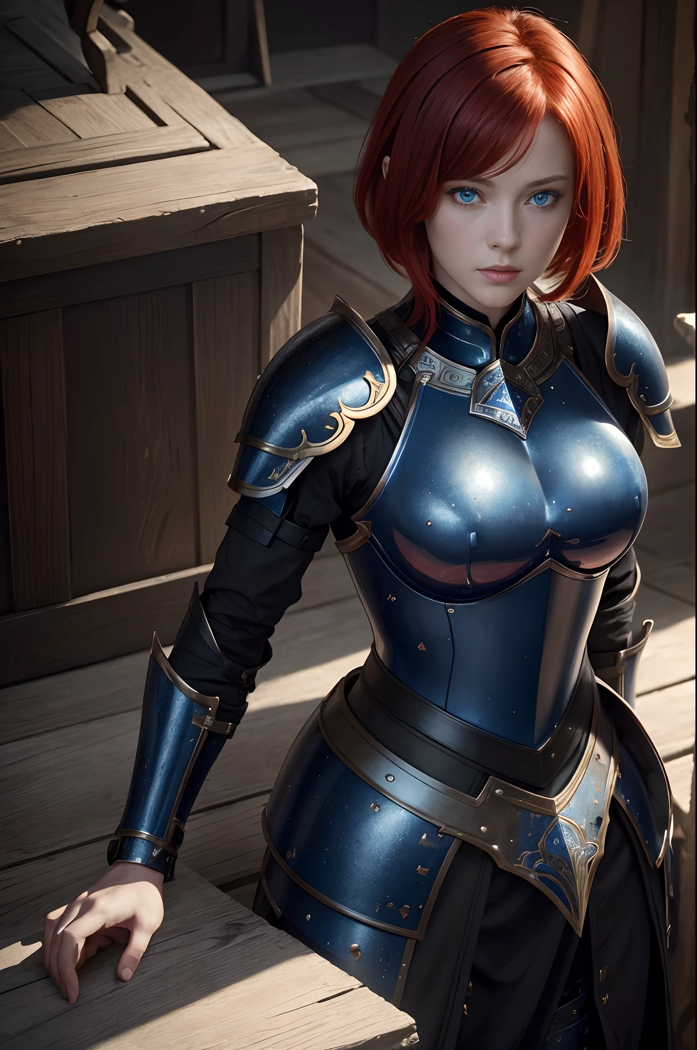 8K,超A high resolution,((Top image quality)), ((​masterpiece)), (high-detail:1.3), Joan of Arc,Blue eyes,Red-haired shorthair,Woman in Black Armor、large full breasts,Meticulous in the details of the decoration of the chest armor、Beautiful expression,enticing,A sexy,Scenes of armor damage during the war