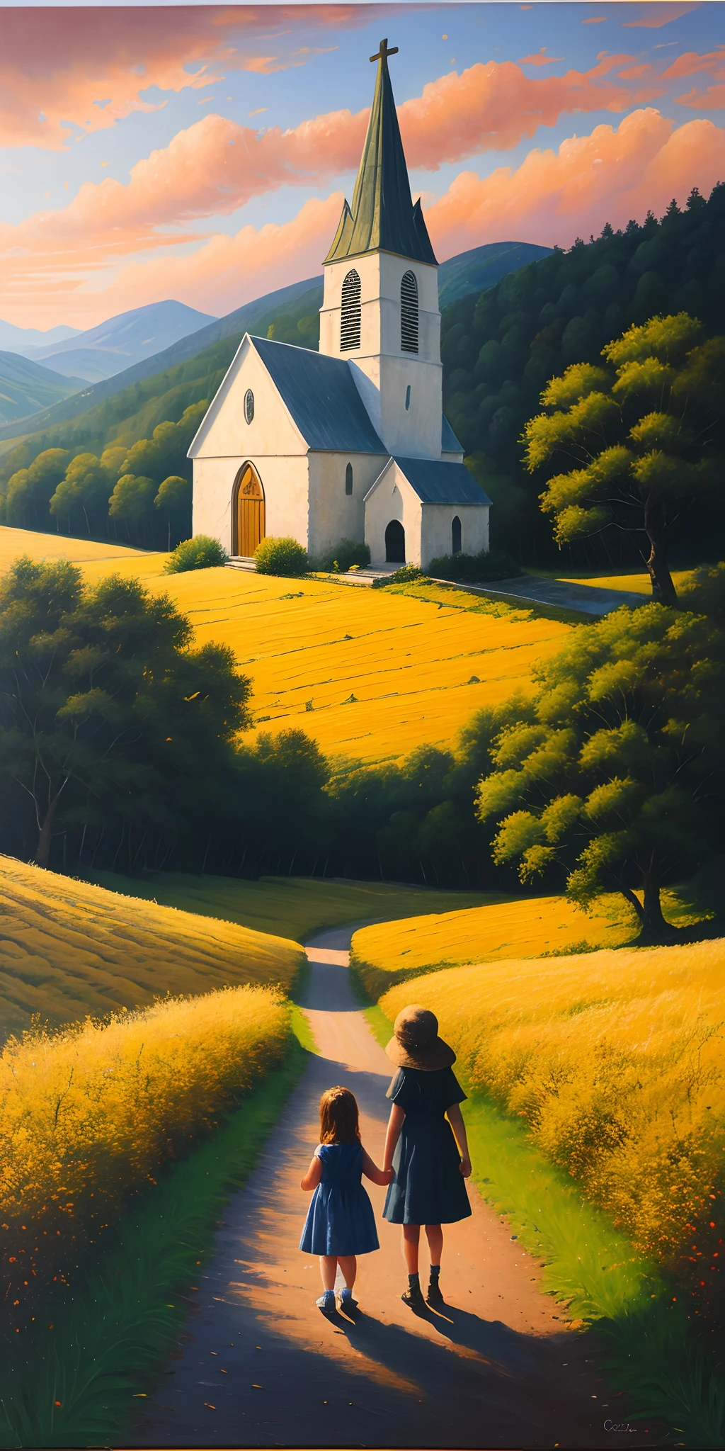 A little girl and a sheep standing in front of a small stone church on a hill Reddish sunset Yellow and withered weeds Superb view an oil painting