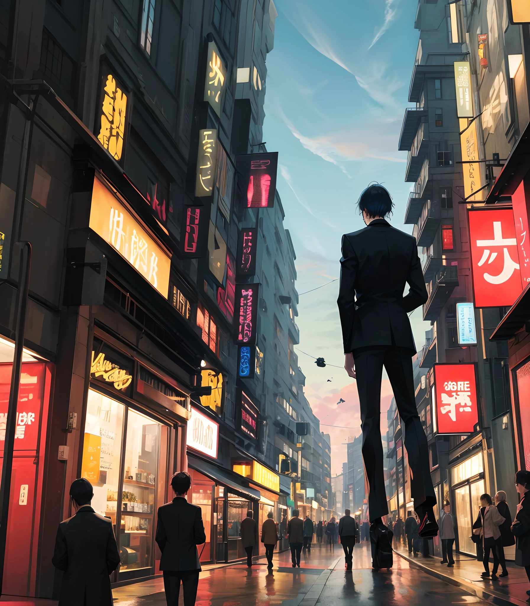 Colorful skies,Bustling streets,The back of a man in black stands on the street,mistic,funk,nightmare