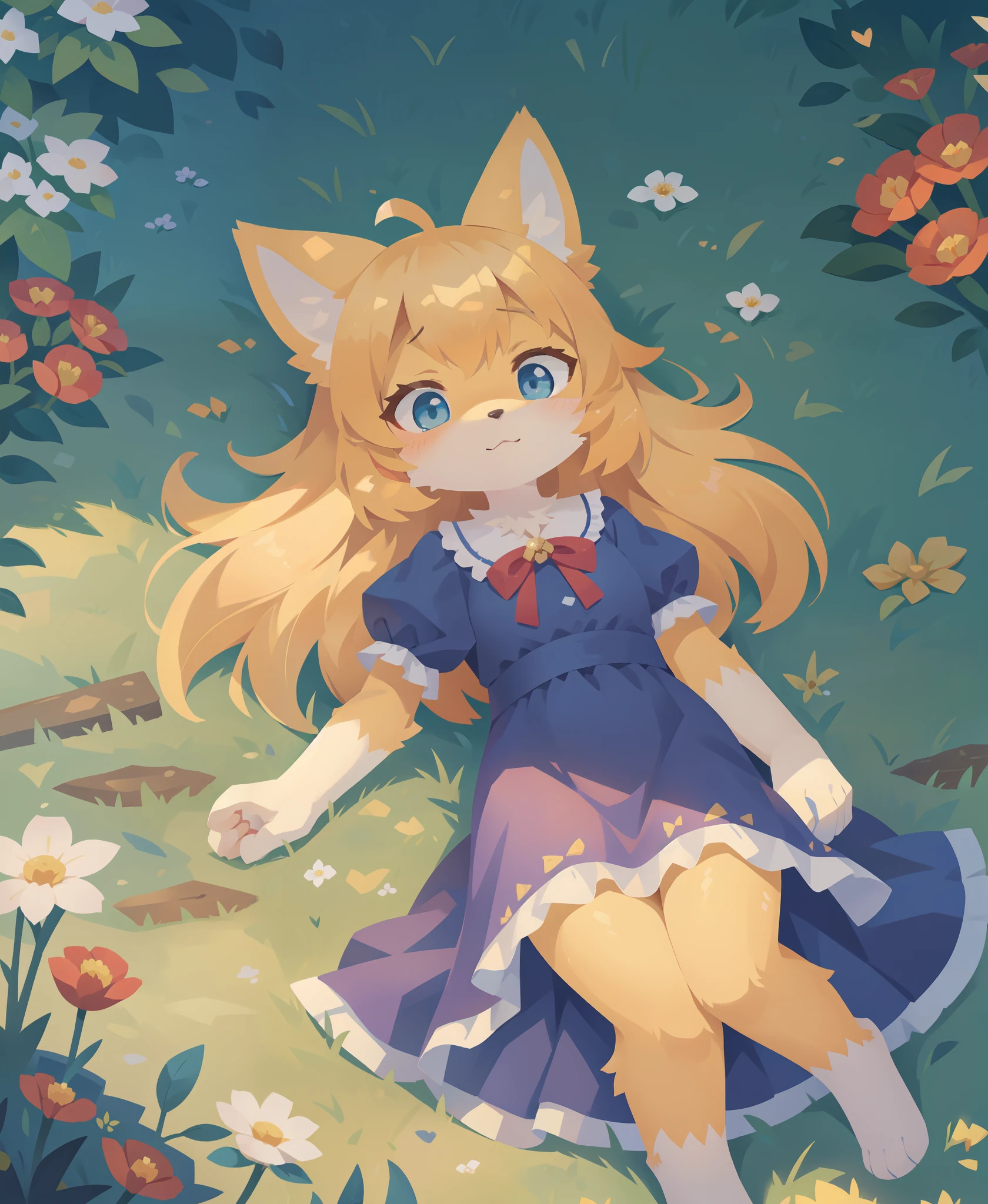 1girl, solo, dog girl, yellow fur, yellow hair, dog ears, long hair, bow, blue dress, (from above:1.3), lying, outdoors, cobblestone path, puffy sleeves, blue eyes, grass field, flowers,, (uploaded on e621, furry, anthro, kemono:1.3),, (best quality, masterpiece, illustration, ultra-detailed:1.3), (gouache, oil, impressionism)