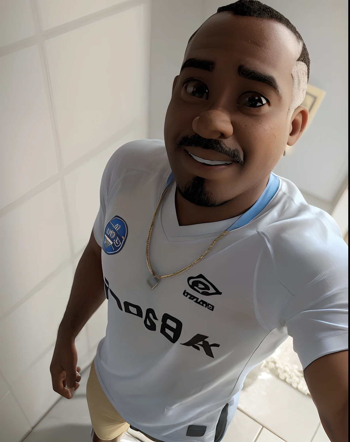 Um homem masculino 34 anos de idade negro, short gradient hair , usando camiseta branca , beige jeans, Use this image to illustrate in Pixar style
