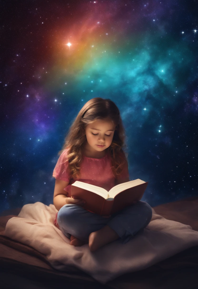 A sitting on a star,Reading a book in shiny colors, Rainbow color cosmic nebula sky background, stars, galaxias