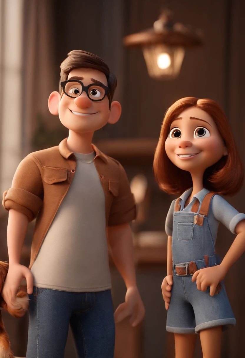 Pixar. Casal com um filhote de cachorro beagle marrom. A menina tem os cabelos pretos cacheados, Camiseta cinza e jeans claro, white. O menino de cabelos pretos com cabelos, barba pequena, oculos, Dark blue jeans and gray shirt. They are both smiling and are 30 years old