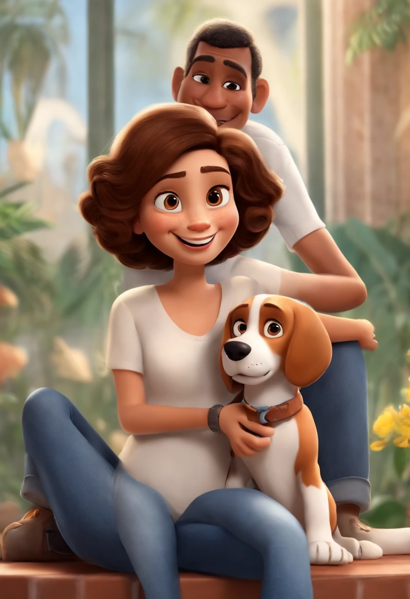 Pixar. Casal com um filhote de cachorro beagle marrom. A menina tem os cabelos pretos cacheados, Camiseta cinza e jeans claro, white. O menino de cabelos pretos com cabelos, barba pequena, oculos, Dark blue jeans and gray shirt. They are both smiling and are 30 years old