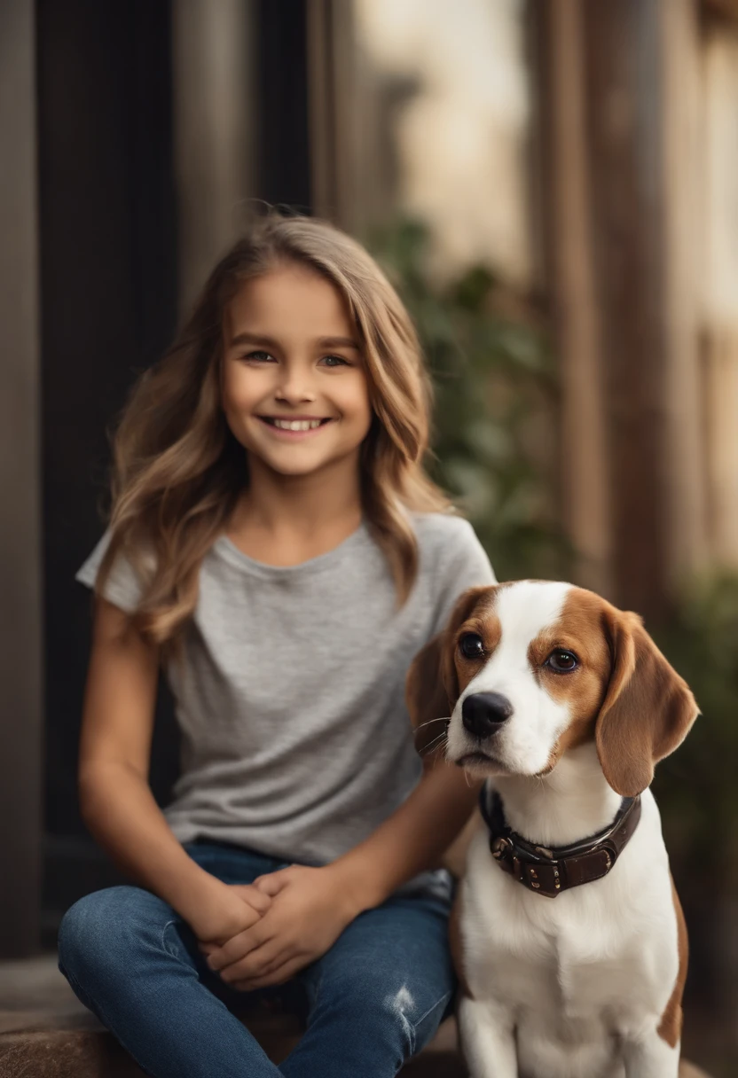 Pixar. Casal com um filhote de cachorro beagle marrom. A tem os cabelos pretos cacheados, Camiseta cinza e jeans claro, white. O meninobelos pretos com cabelos, barba pequena, oculos, Dark blue jeans and gray shirt. They are both smiling and are 30 years old