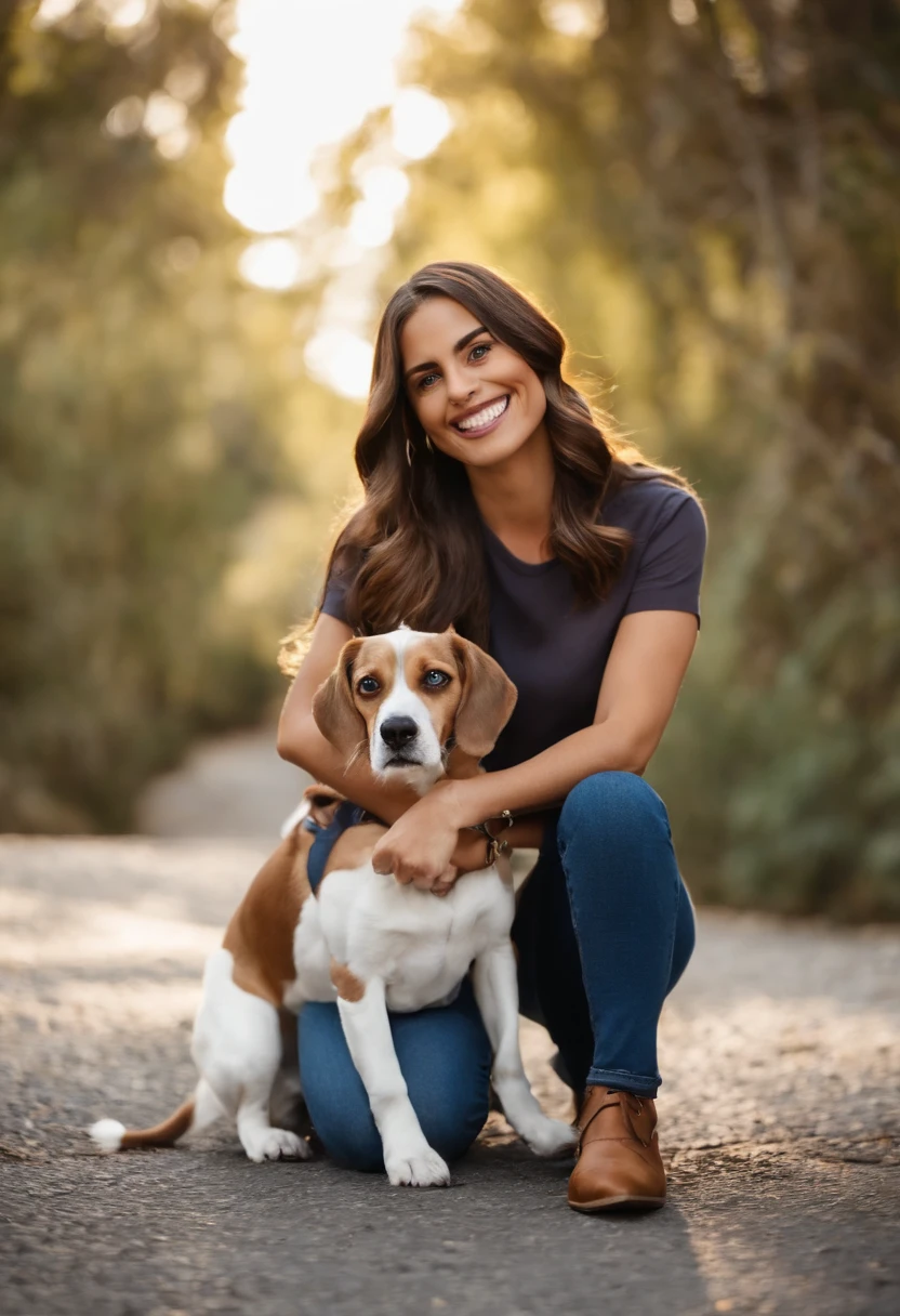 Pixar. Casal com um filhote de cachorro beagle marrom. A menina tem os cabelos pretos cacheados, Camiseta cinza e jeans claro, white. O menino de cabelos pretos com cabelos, barba pequena, oculos, Dark blue jeans and gray shirt. They are both smiling and are 30 years old