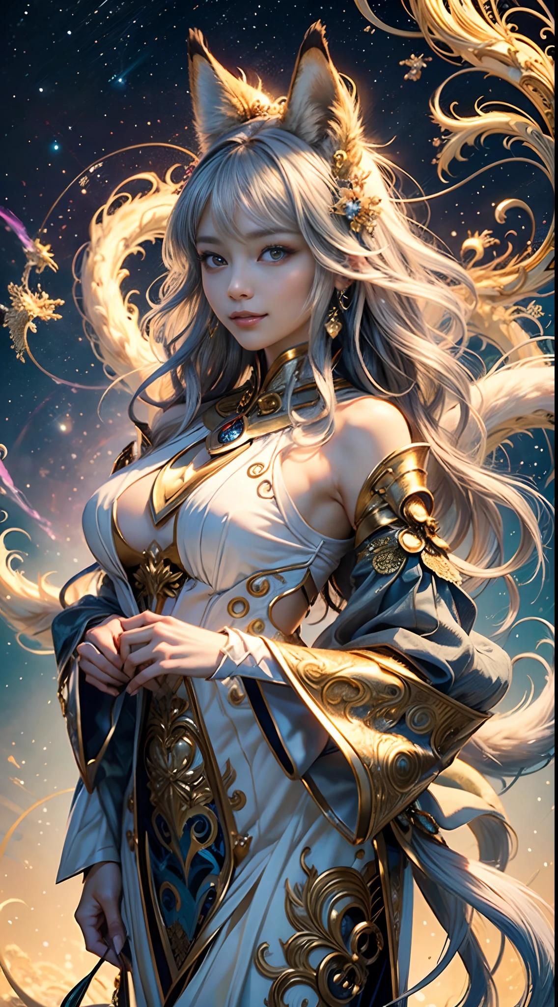 (​masterpiece、top-quality、top-quality、Official art、Beautifully Aesthetic:1.2)、(1girl in)、Highly detailed、(Fractal Art:1.3)、colourfull、highest details, (Nine-Tailed Fox), 9 White, Black fox ears, Foxes inspired by Japan's divinity, Transparent clothes of fantastic celestial warriors, Elaborately embellished with gold, Fantasy Japan Background, Soft smile, ultra-sexy, Big breasts, anatomically, Fine wraist with large defined hips, Soft expression, A smile, Silver hair, Wave, Facing the front, Hair is spreading