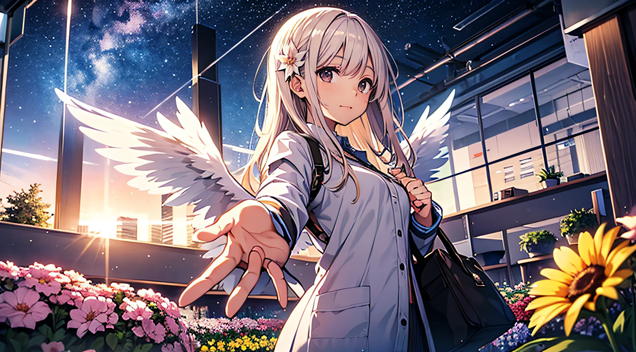 Office worker man with outstretched wings、Flower garden、starrysky