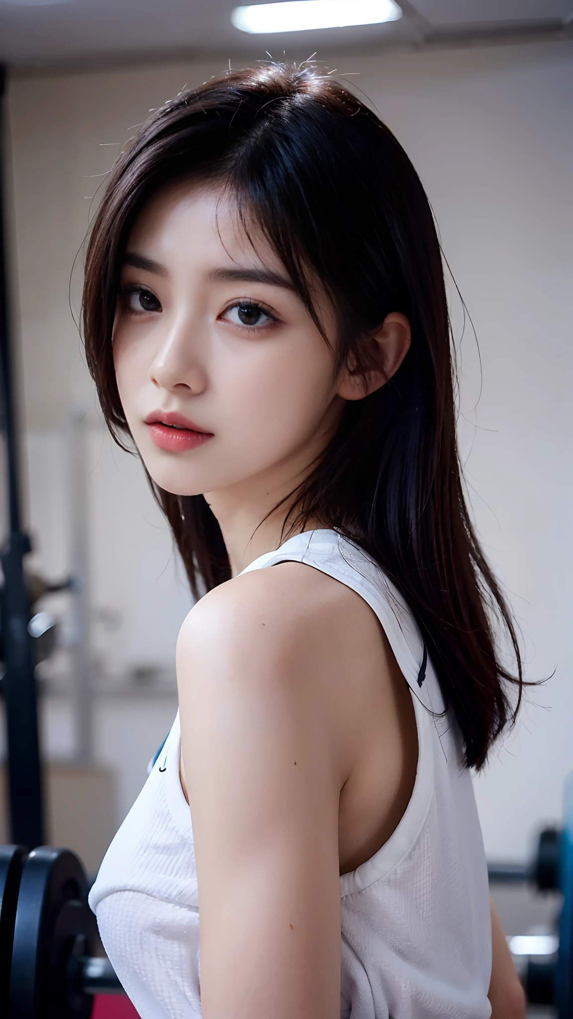 Slender Asian girl, Kpop idol, ((gym uniform)), ((Top quality, 8K, Masterpiece: 1.3)), Clear focus: 1.2, Beautiful woman with perfect figure: 1.4, Highly detailed face and skin texture, Detailed eyes, ((Skinny)), Beautiful face, Symmetrical face, whole-length, Sexy, Almost naked, In the gym