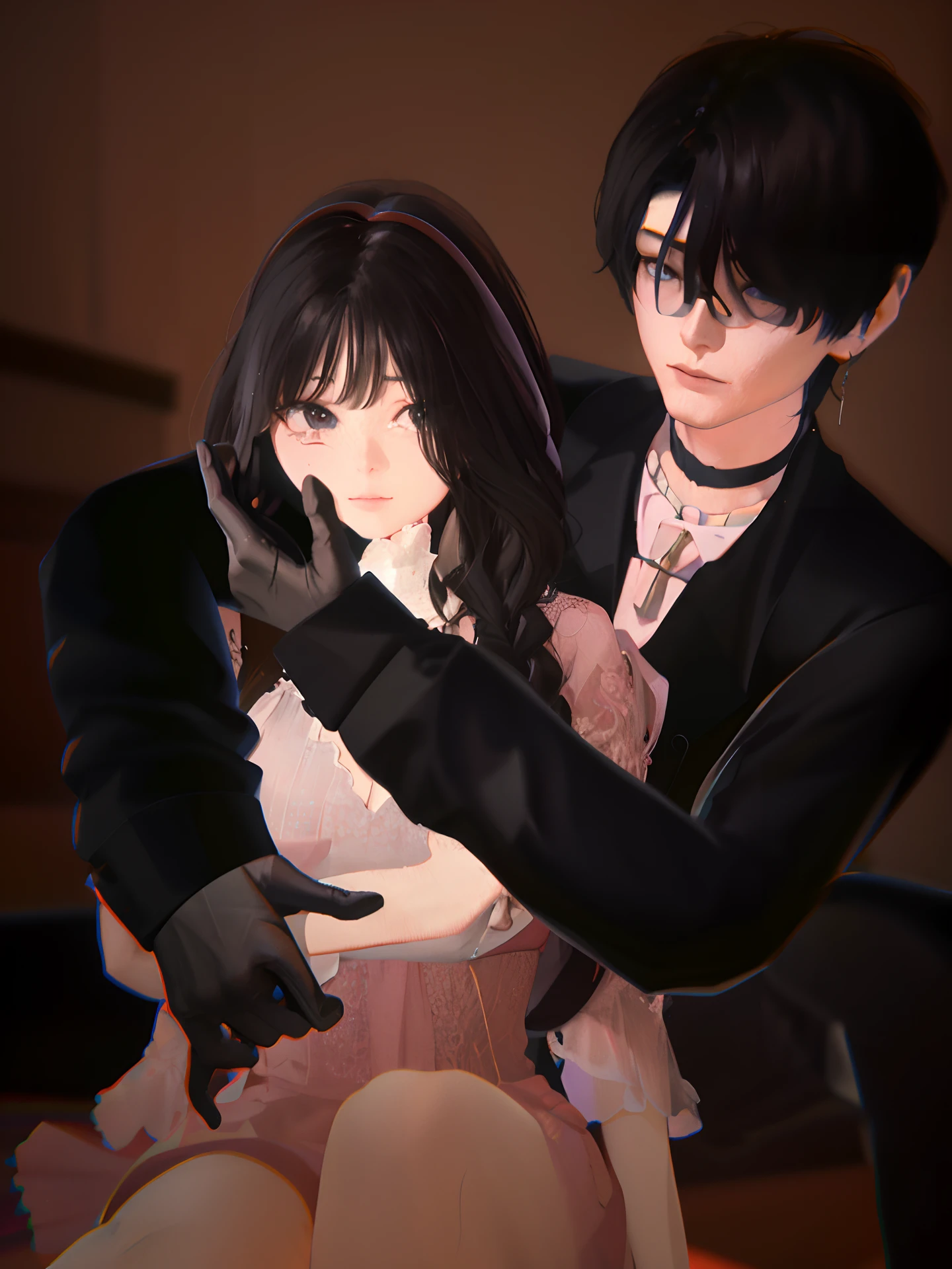 anime image of a man and woman in formal clothing standing next to each other, artwork in the style of guweiz, ( ( 3 d render ) ), roleplay, creepy pose, [ 4 k photorealism ]!!, crying and reaching with her arm, ((photorealistic)), [ 4 k digital art ]!!, couple pose, [ realistic photography ]