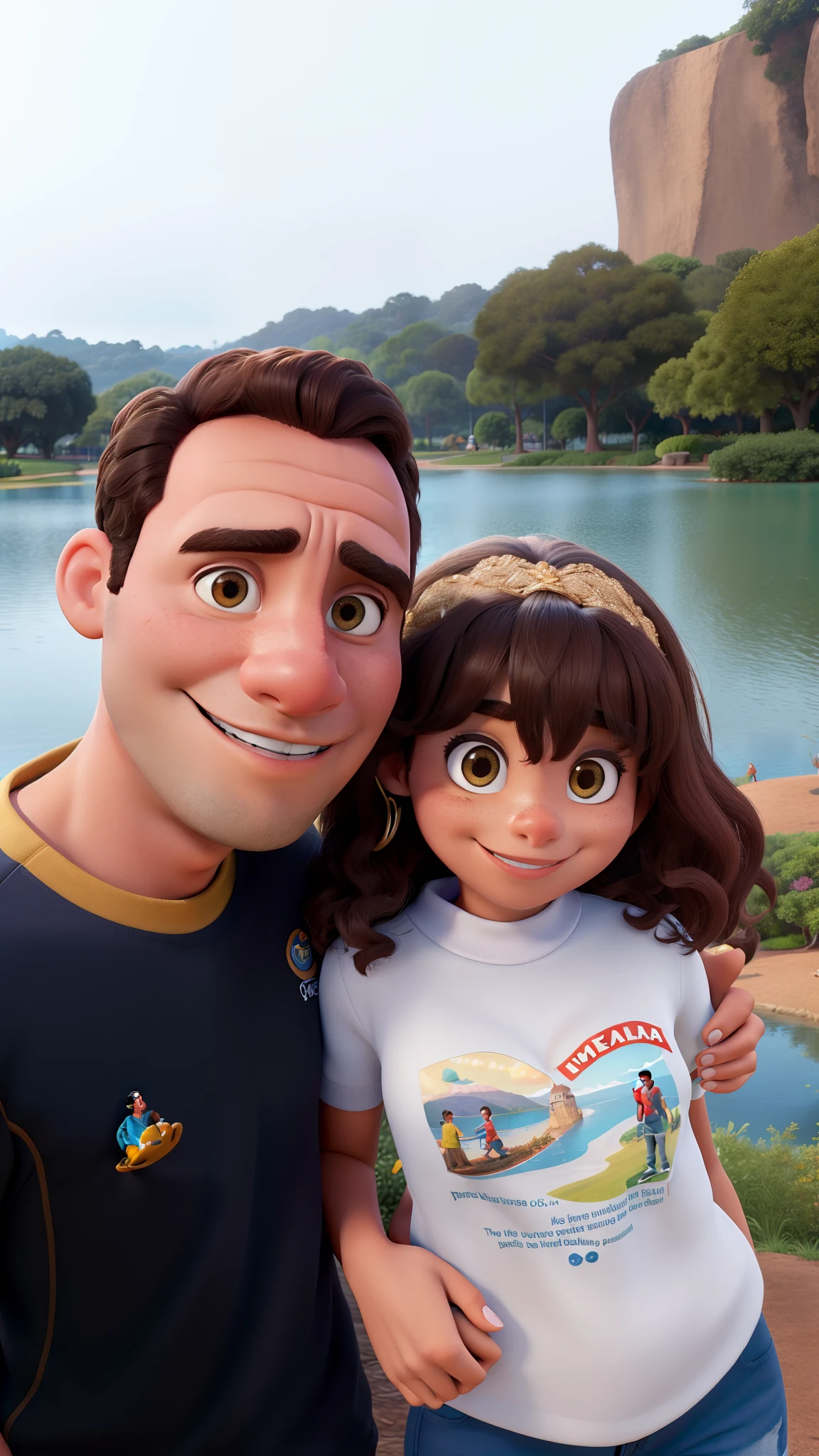 Homem de pele morena com menina, em frente a um lago de um parque, no estilo Disney Pixar, excelente qualidade, melhor qualidade