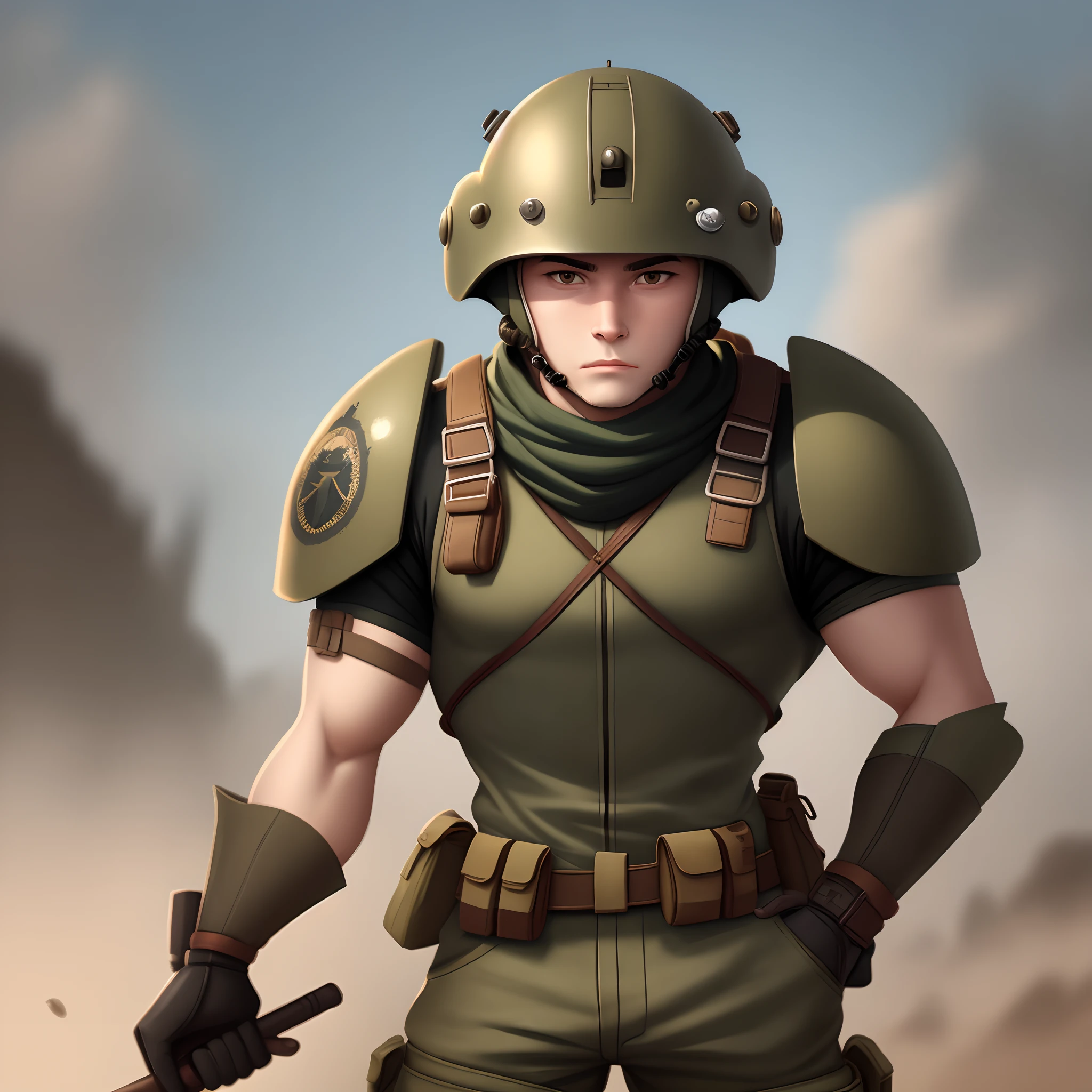 Ant with soldier helmet in cartoony artstyle who looks motivated