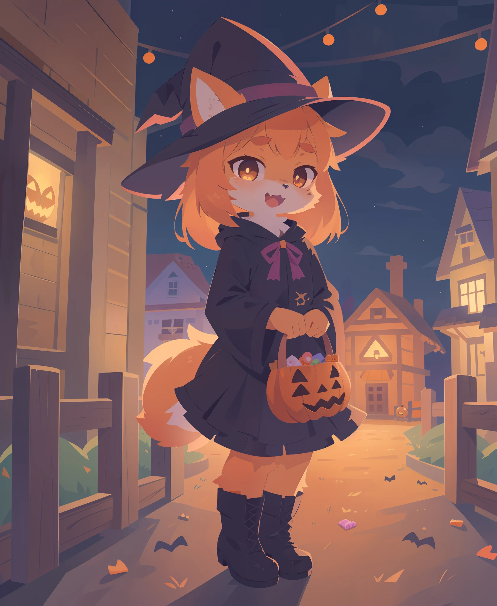 1girl, solo, witch hat, halloween, halloween theme, jack o lantern, , :D, candy bag, standing, in front of a house, full body, night, boots, (best quality, masterpiece, illustration, ultra-detailed:1.3), (uploaded on e621, furry, anthro, kemono:1.3),