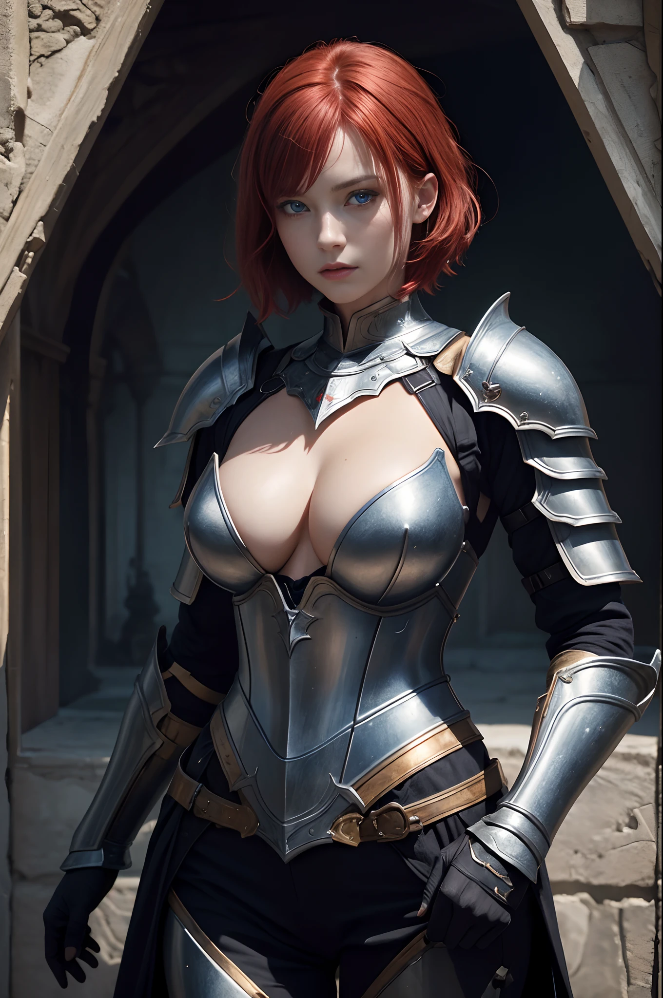 8K,超A high resolution,((Top image quality)), ((​masterpiece)), (high-detail:1.3), Joan of Arc,Blue eyes,Red-haired shorthair,Woman in Black Armor、large full breasts,Meticulous in the details of the decoration of the chest armor、Beautiful expression,enticing,A sexy,Scenes of armor damage during the war