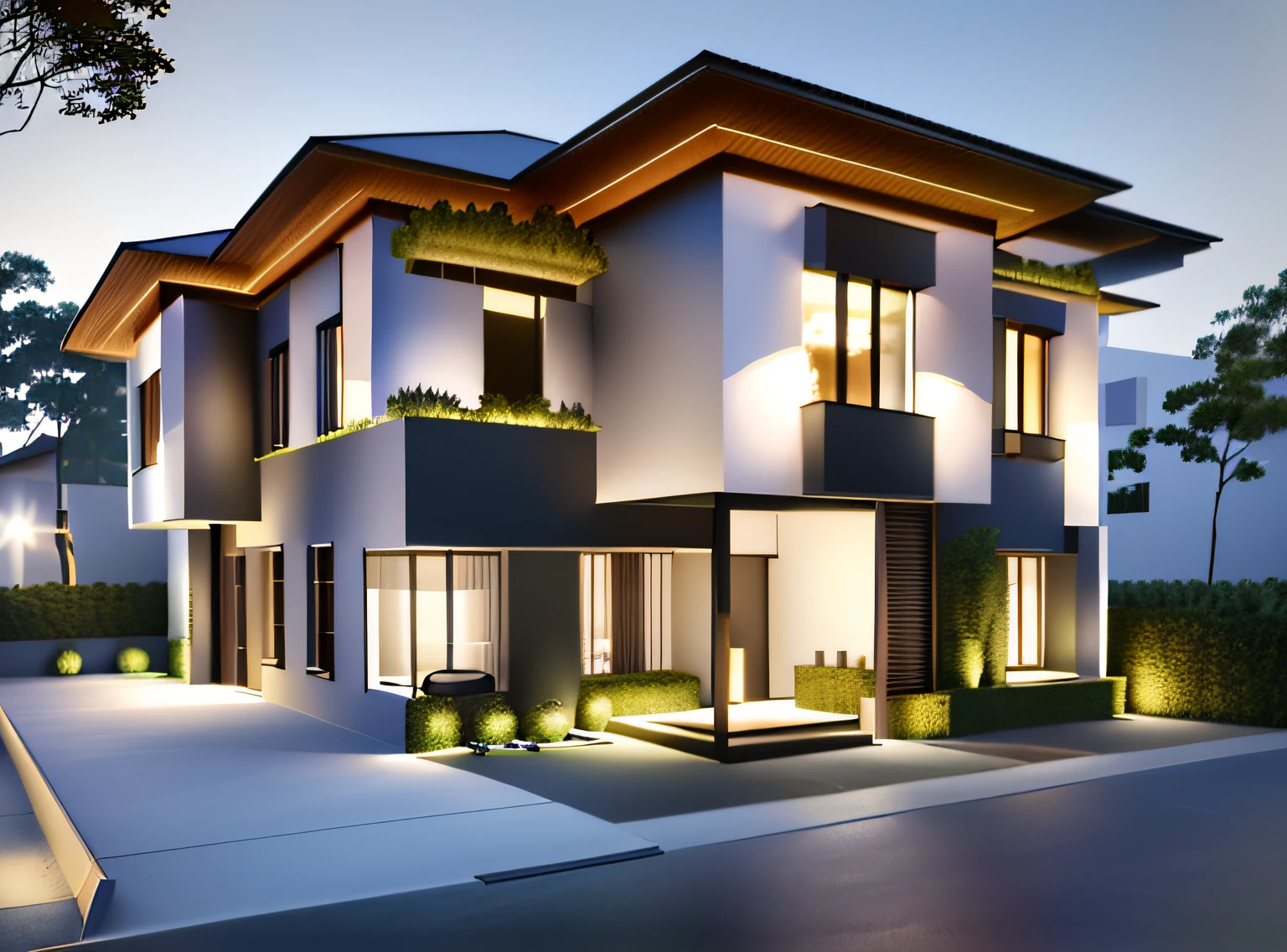 Realistic images, extremely detailed, a modern house, 1 road in font of house, large yard made by ceramic, (1 car), brick fence, lawn, a few small flowers, a road in front of the house, main materials of the house are white walls and red brick, Modern design, clear blue sky, sunrise light, light from inside, dynamic light,shimering light, cinematic light, romantic feeling, (((day light, warm light))), SNOW:1.3, WINTER