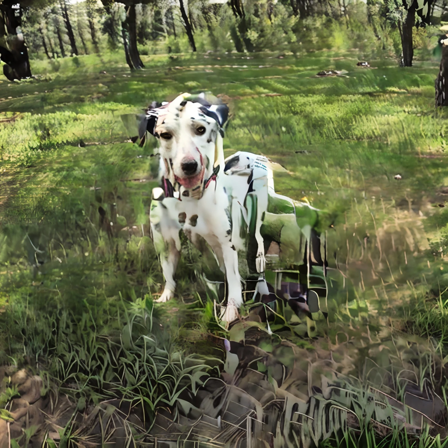 Medium-sized Daschund dog with black coat and a white patch from the chest to the belly, with brown fur on the paws that are slightly turned outwards. It's in a well-wooded, Pixel-style garden.