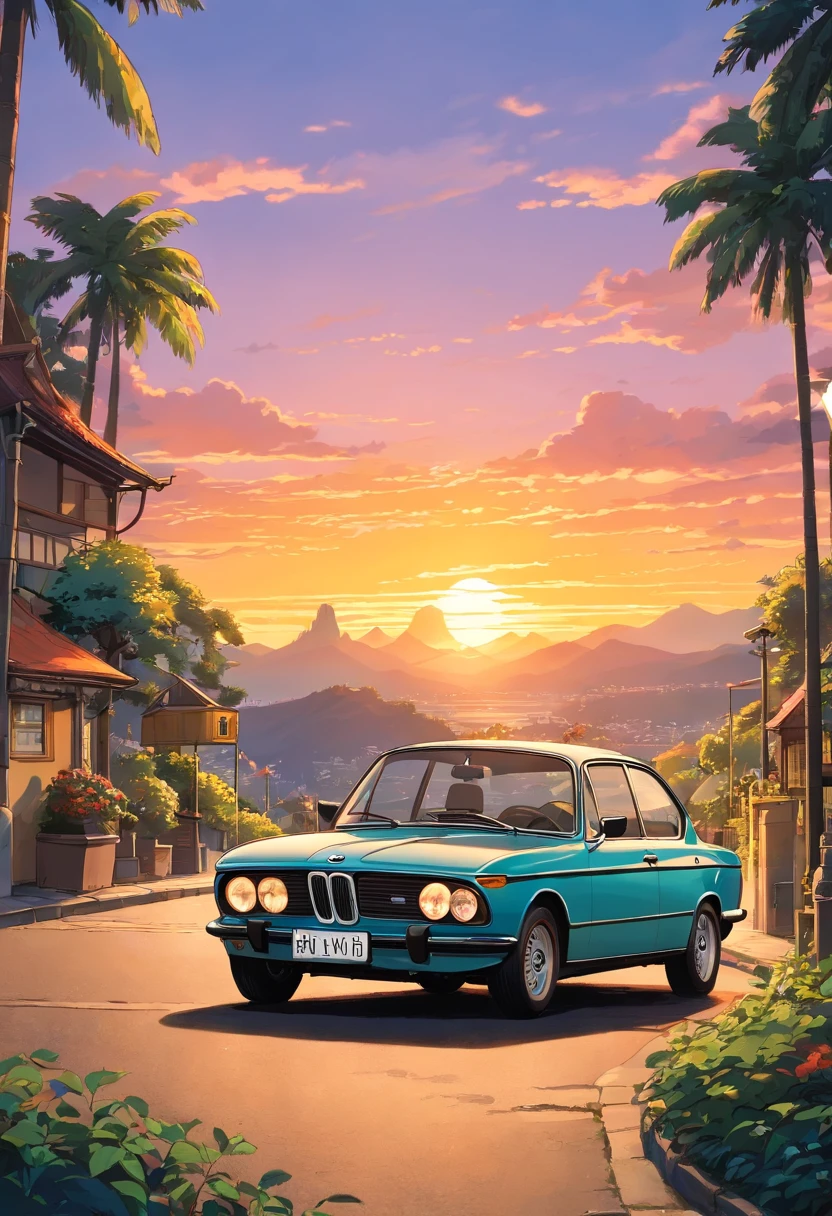 ((design de adesivos)), Classic BMW Car, Sunset background, Palmeiras, 5 cores de camadas, rua da esquina, Tambor Beleq, Presean, carro na cor preta