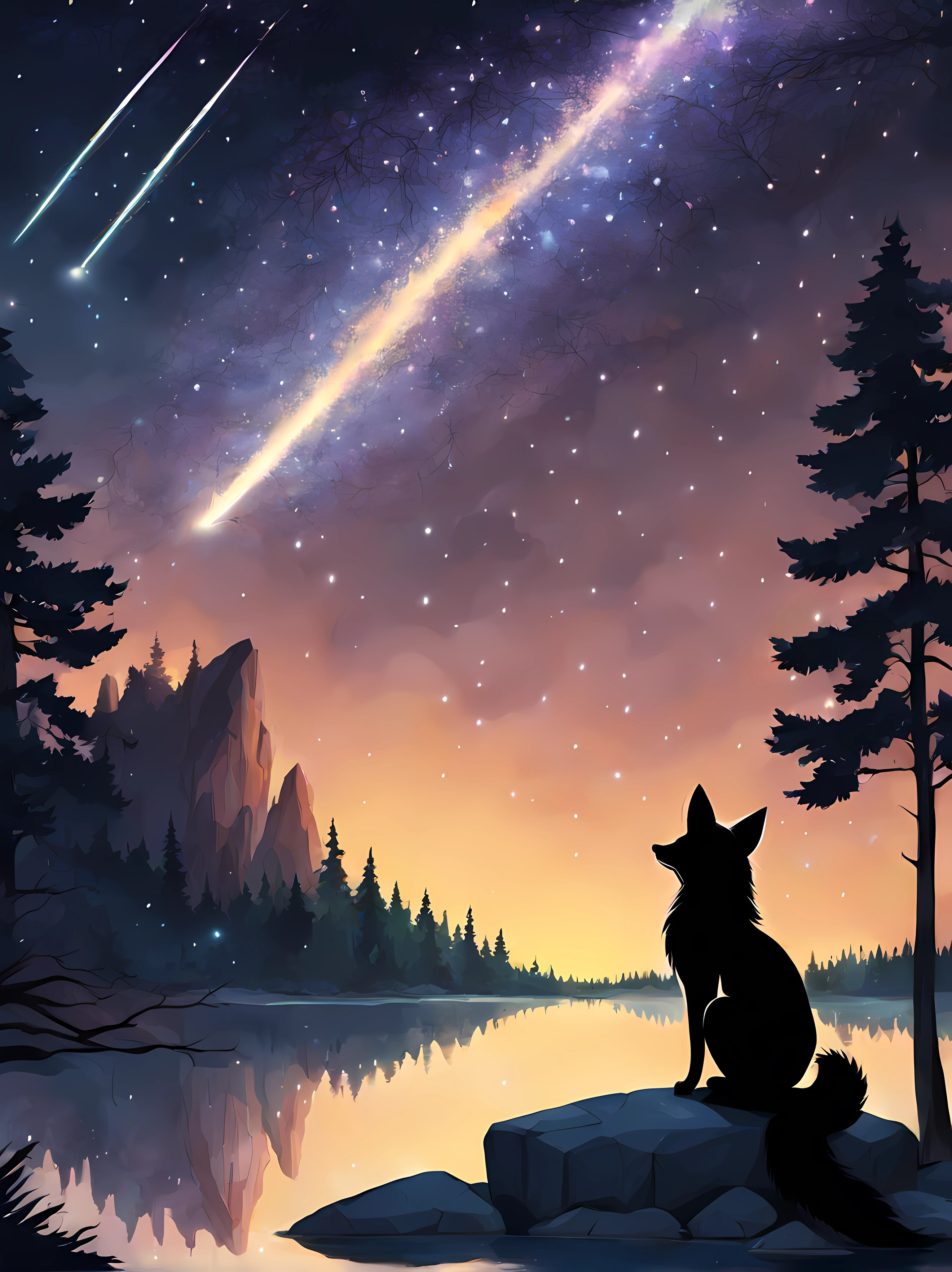 (cartoon drawing), cute black fox sitting on rock watching shiny (((((meteor shower))))) (meteorite), breathtaking starry night scenery, lake, forest, sunshine, exotic flowers, peaceful