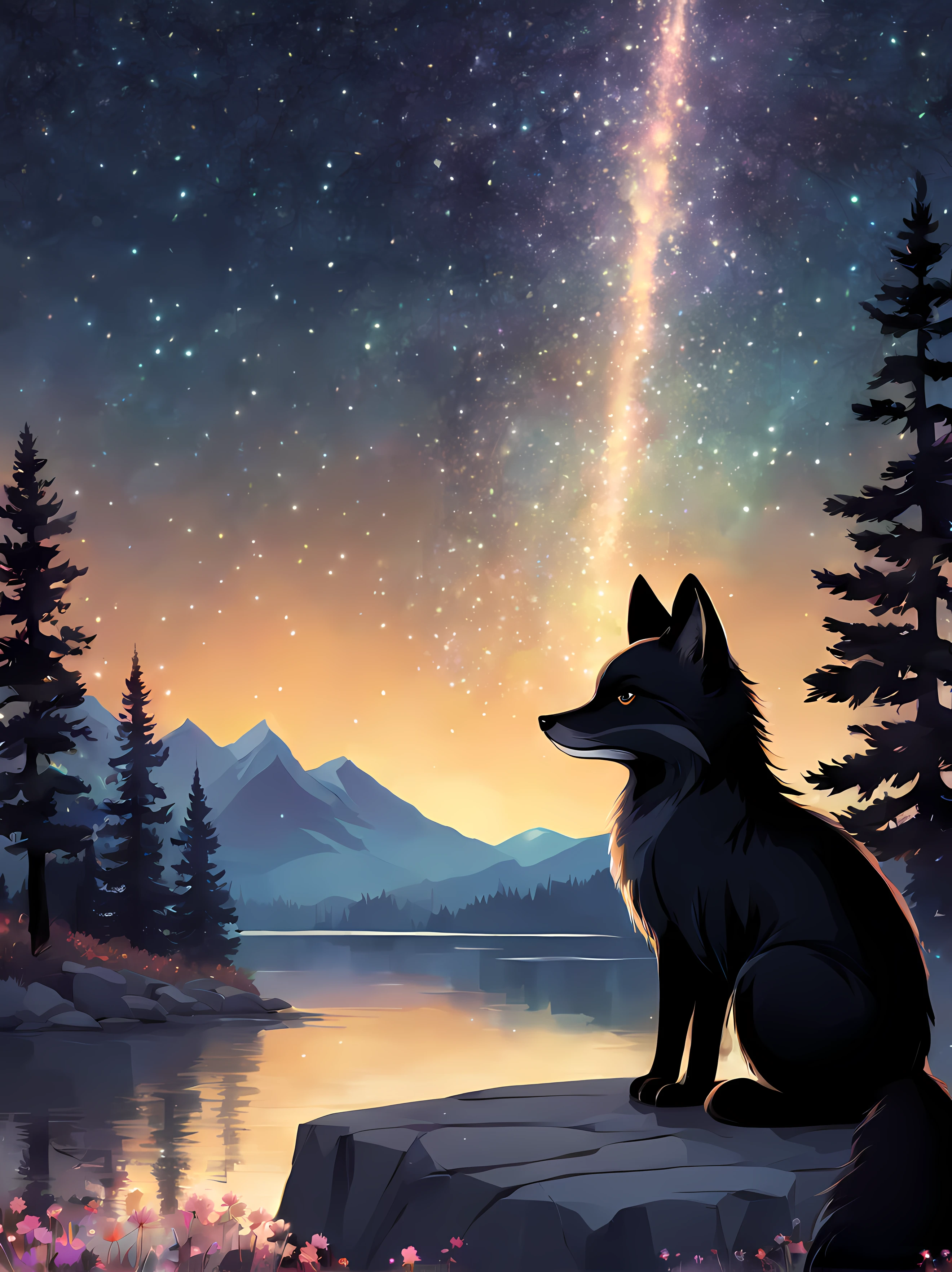 (cartoon drawing), cute black fox sitting on rock watching shiny (((((meteor shower))))), breathtaking starry night scenery, lake, forest, sunshine, exotic flowers