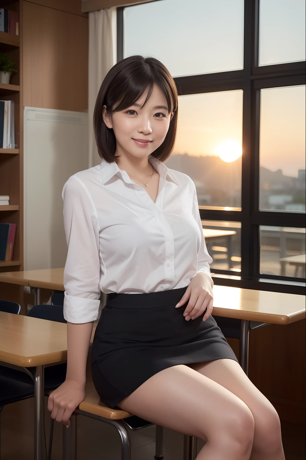 1womanl、1 female teacher,(Super beautiful)、(beauitful face:1.5)、40 years、Perfect makeup, Business Suit, (a miniskirt:1.2)、Sitting on a chair in a school classroom、brilliant sunset,To the shining man,a high chroma,Sparkling sunset,Romantic sunset,Beautiful sunset,brilliant sunset,The light of the setting sun illuminates the room,You can watch the sunset from the classroom,brilliant sunset,Looking at the camera,Vivid,Highly saturated,The most beautiful faces in Japan,adultlike face,gently smiling,Smile,,Faces close,Staring at this,short-hair,straight haired,Breasts are big,Emphasize the bulge of the chest,Skirt without folds,There are no folds on the skirt,tight skirts,Short tight skirt,super-fine,beautiful hairl,Transparent photos,Detailed High School Classroom Background,The most beautiful faces in Japan,View here,Perfect fingers,face perfect,细致背景,Fair skin,Crystal clear white skin,Perfect fingers,细致背景,top-quality,The ultra -The high-definition,Perfect Anatomy,high-definition RAW color photography,professional photograpy, Very delicate, Extremely detailed,finely detail, Huge file size,Top image quality,8K,Award-Winning Works,masutepiece,Professional filming