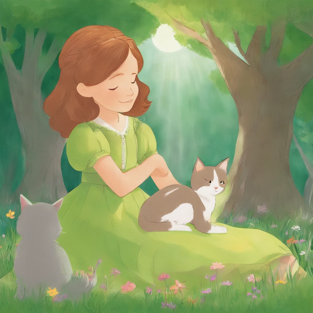 shot from shoulder up　A 10-year-old gir with chestnut color hair and a light gray cat are happily staring at each other on the lawn of a sun-drenched park　　Fantastic and happy feeling　The overall design is classical and the color is strong green　Picture book illustrations