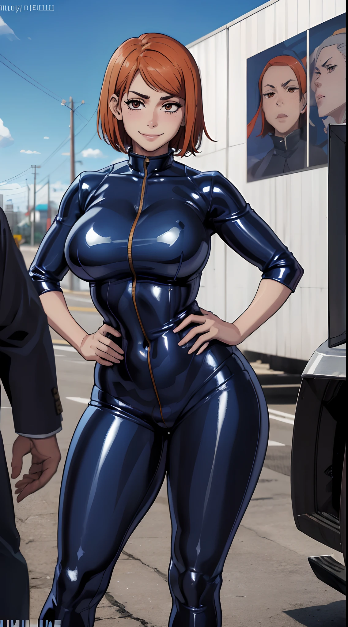 (melhor qualidade:1.3), (qualidade 4K), Nobara Kugisaki by jujutsu no kaisen, ((detailed face)),((smile)), ((curvy body)), (peitos grandes), sexy, (( cut hair)), ((pants latex clivagem)), ((blue sky))