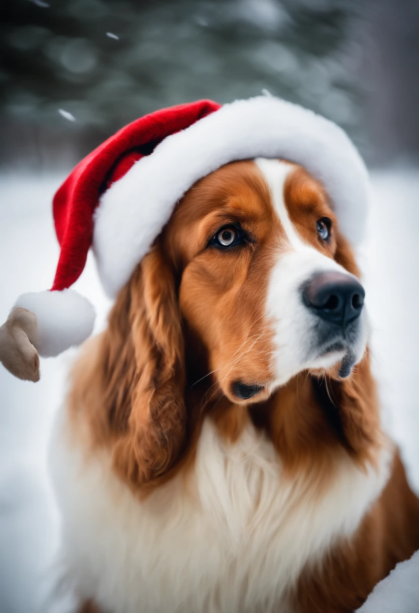 Photo d un cocker avec un bonnet de pere noel et un fond hivernal