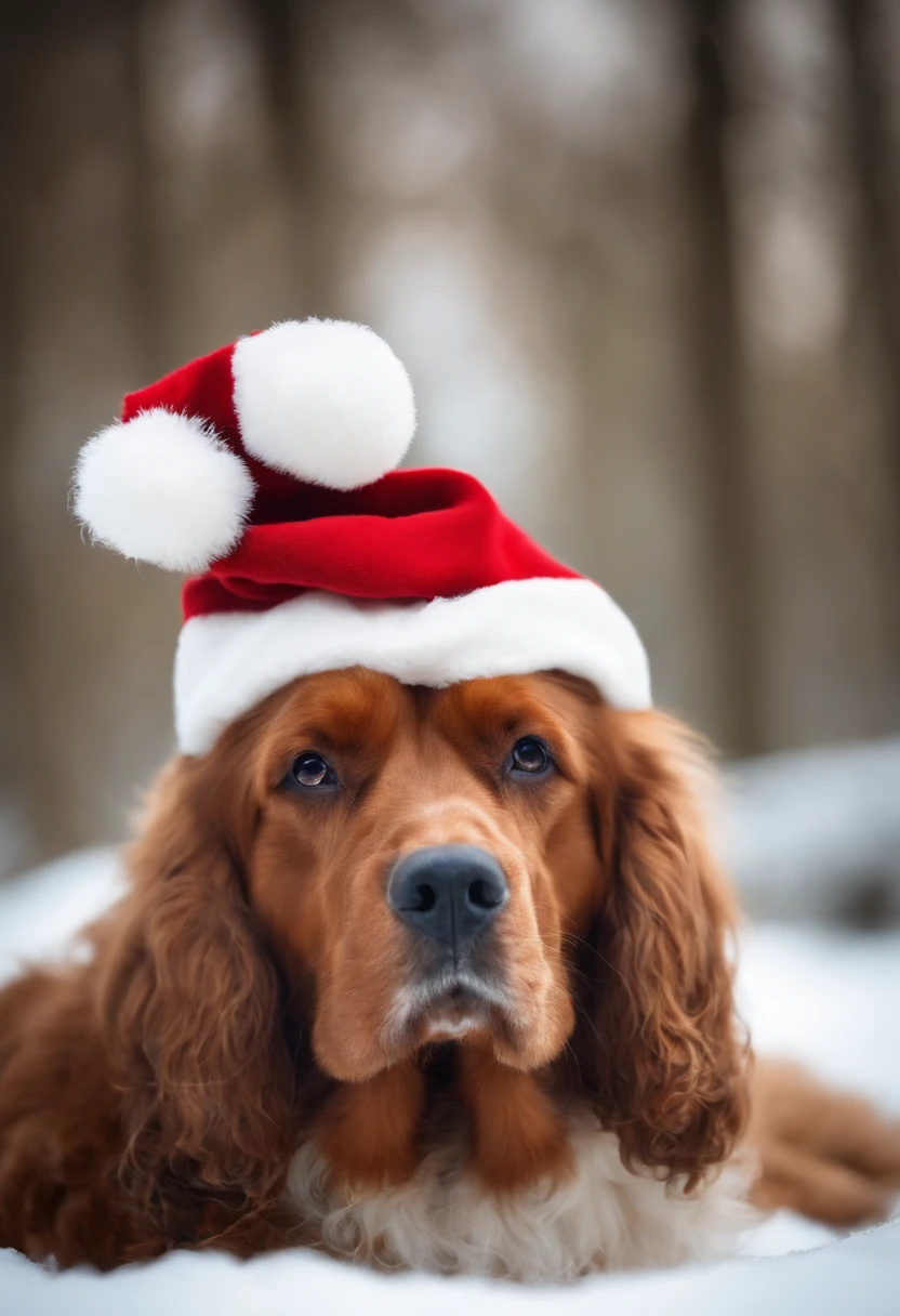 Photo d un cocker avec un bonnet de pere noel et un fond hivernal